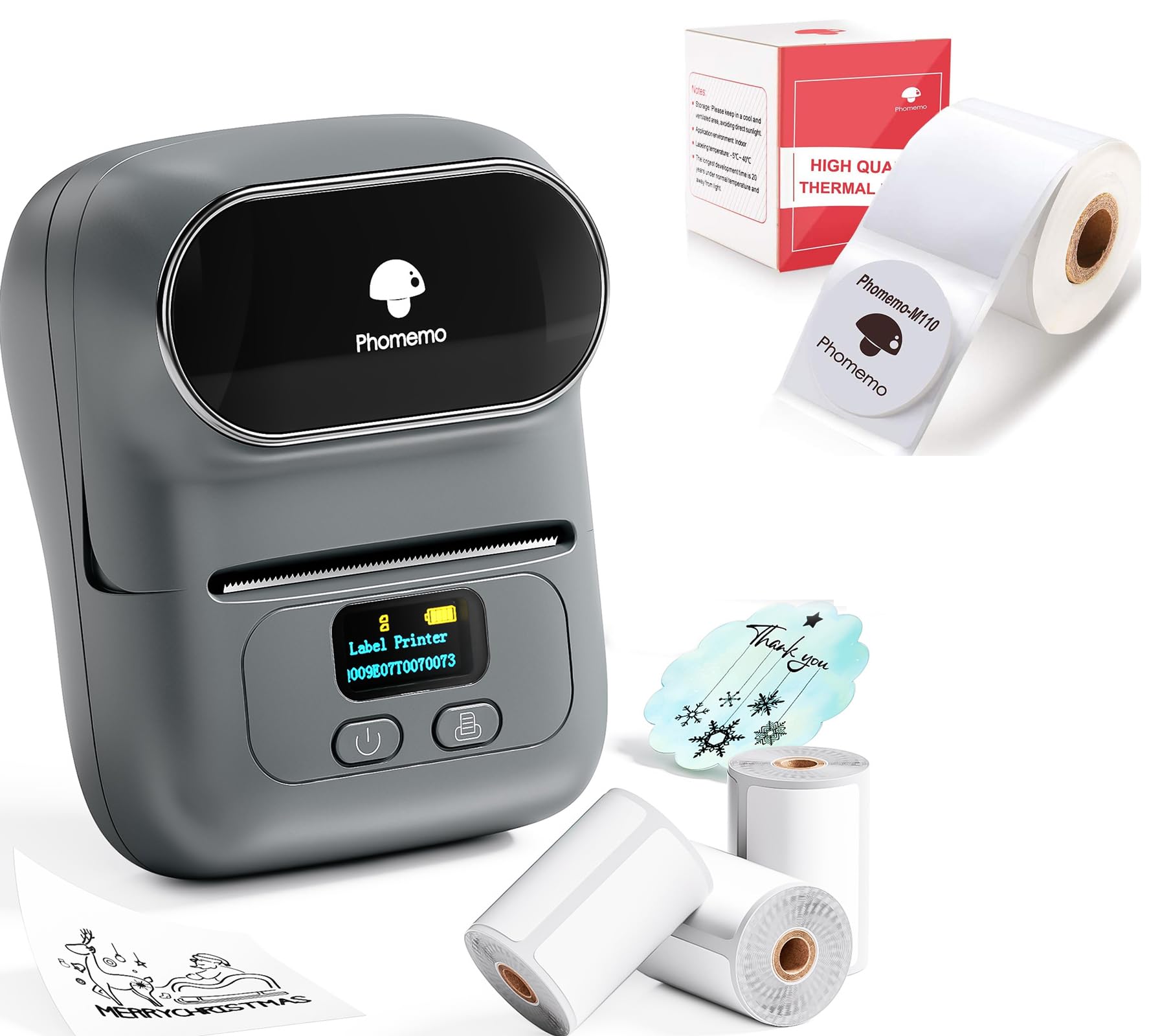 Phomemo M110 Etichettatrice Scatola regalo con 4 rotoli di etichette, stampante termica portatile Bluetooth per etichette adesive, per uso in ufficio, codici a barre, piccole imprese, negozi