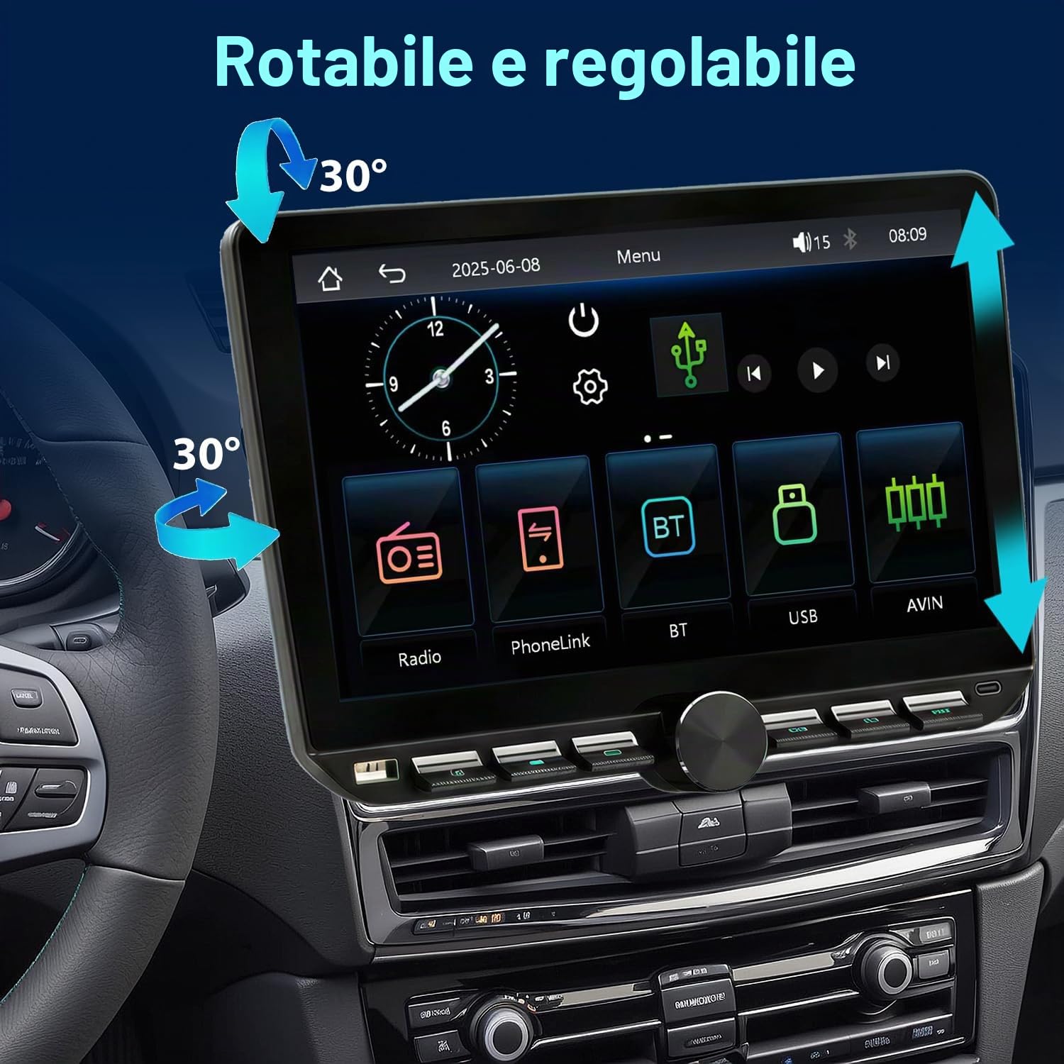 Autoradio 1 Din con Ruotabile schermo (10,1"), compatibile con [Wireless] Apple CarPlay/Android Auto Bluetooth USB Type-C telecamera posteriore AM/FM/RDS Radio