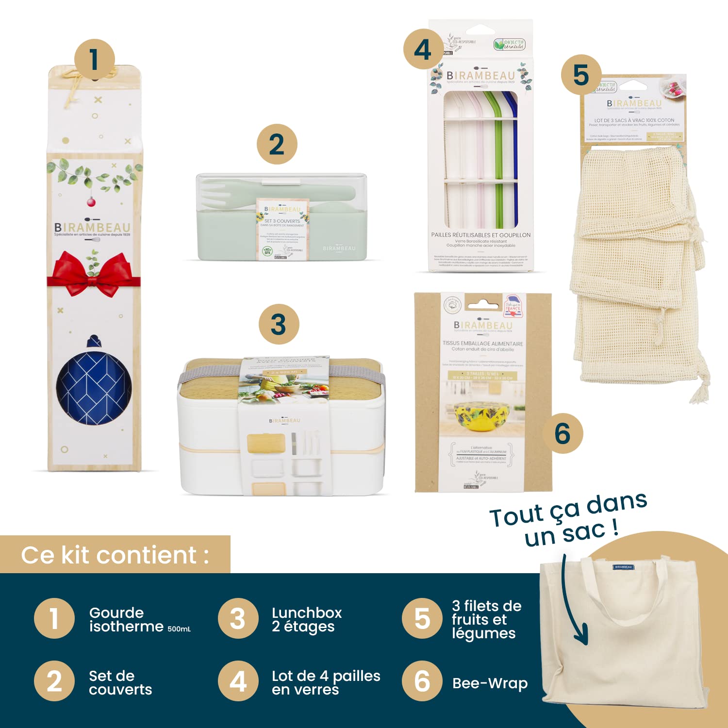 Birambeau – Kit de 7 productos de consumo responsable de cero residuos – Lunchbox – Botella isotérmica – Set de cubiertos reutilizables – Tejidos para envases de alimentos – Idea de regalo de Navidad