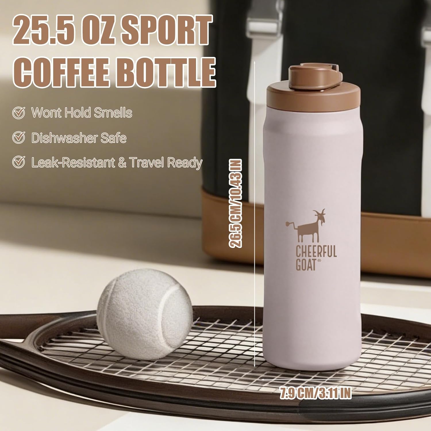 CHEERFUL GOAT Insulated Water Bottle with Straw, 25.5oz Ceramic Lined Stainless Steel Coffee Thermos, Leak-Proof Lid, Dishwasher Safe for Gym, Hiking, Camping,Sports Travel Bottle(Coffee)