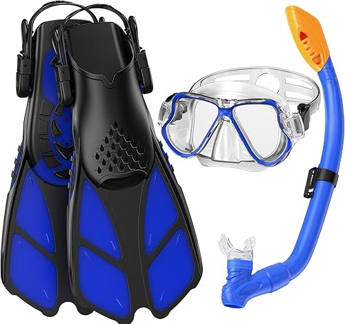 CKE Snorkel Set with Fin for Kids Adults Teens Snorkeling Diving Scuba Package Set with Panoramic Snorkel Mask Dry Top Snorkel Adjustable Fins