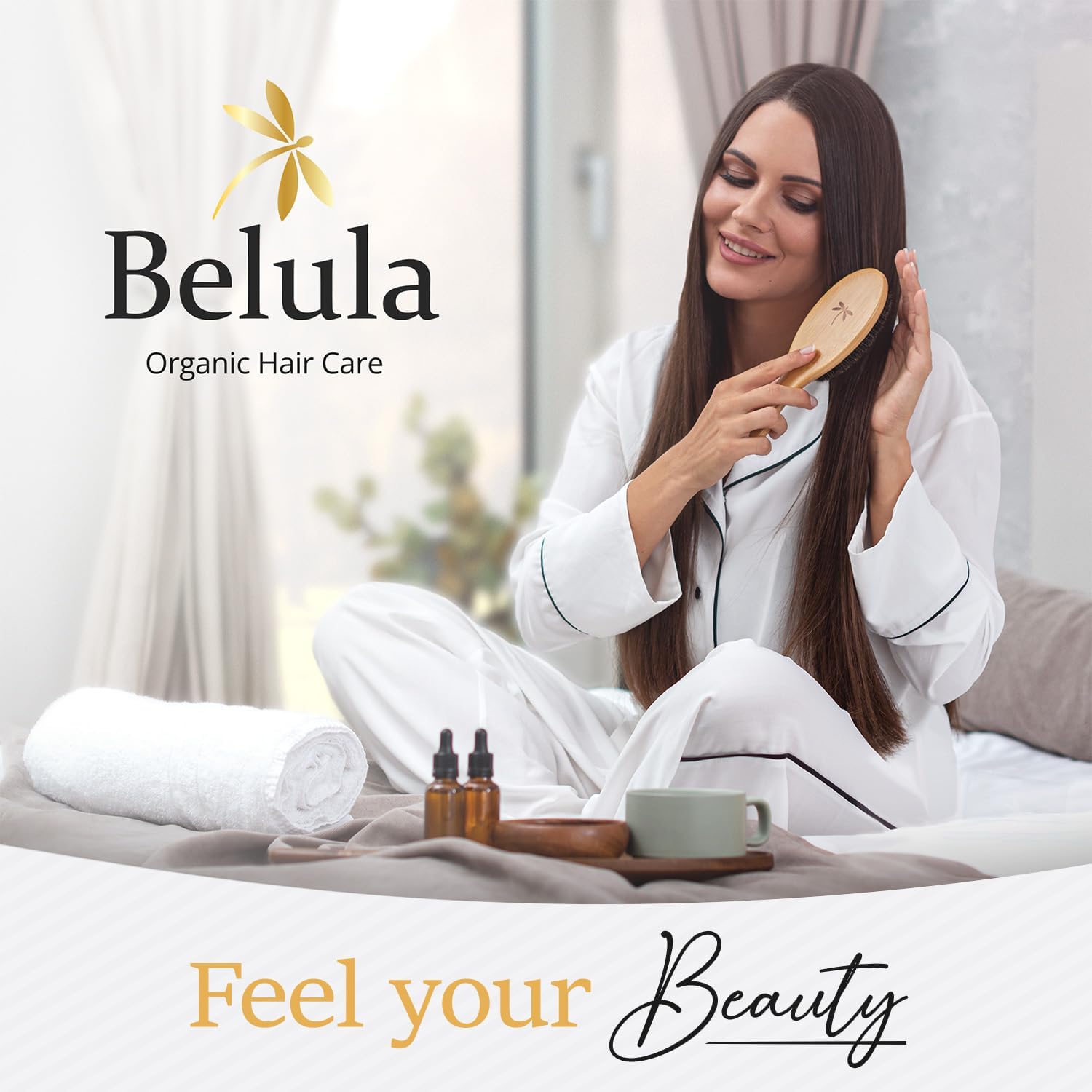 Belula Set spazzola per capelli. 100% setole cinghiale per capelli sottili e fini. Ripristina lucentezza e consistenza. Pettine in legno, borsa da viaggio e fascia per spa inclusi!