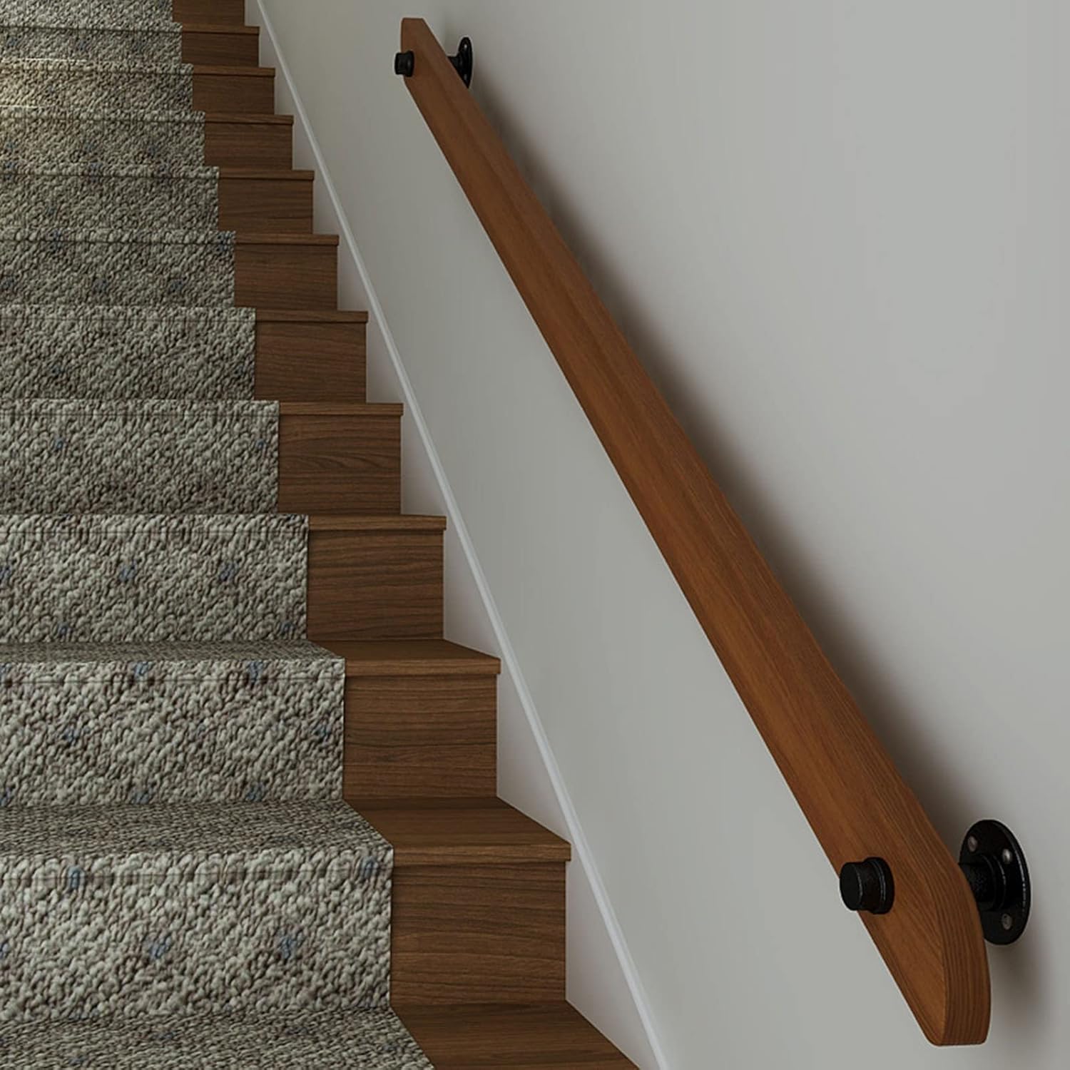 Non-Slip Wood Stair Handrails with Wrought Iron Brackets, Home Against The Wall Indoor Loft Elderly Railings Handrails Corridor Support Rod Staircase Handrail (1ft-20ft) (Size : 1f