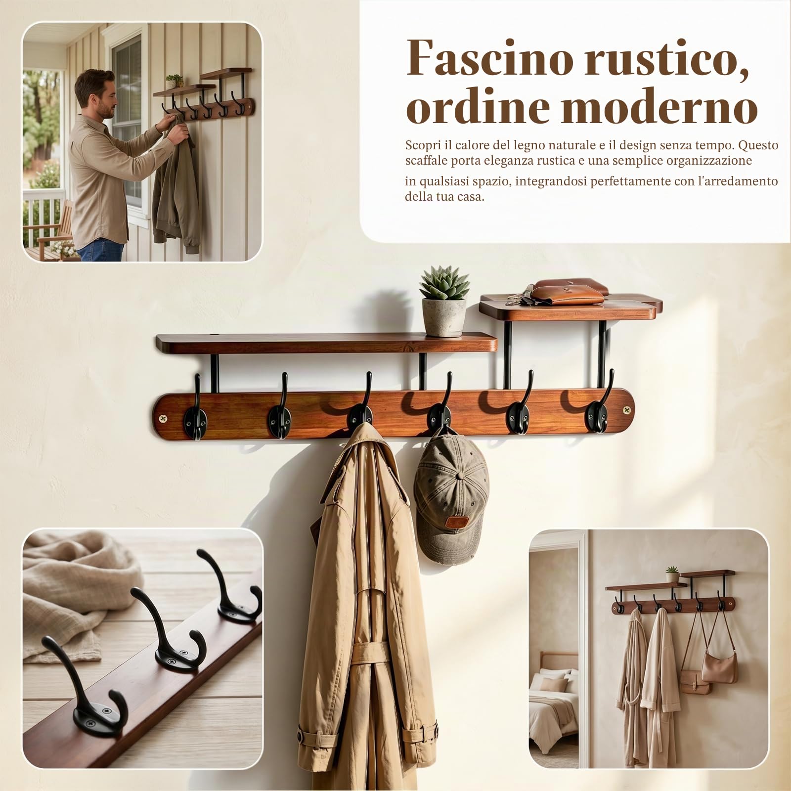 Ganci da parete in legno, attaccapanni da parete 59 * 18 cm con 6 ganci e ripiano, striscia attaccapanni in legno vintage, attaccapannis da parete per ingressi/guardaroba/camere da letto/bagno