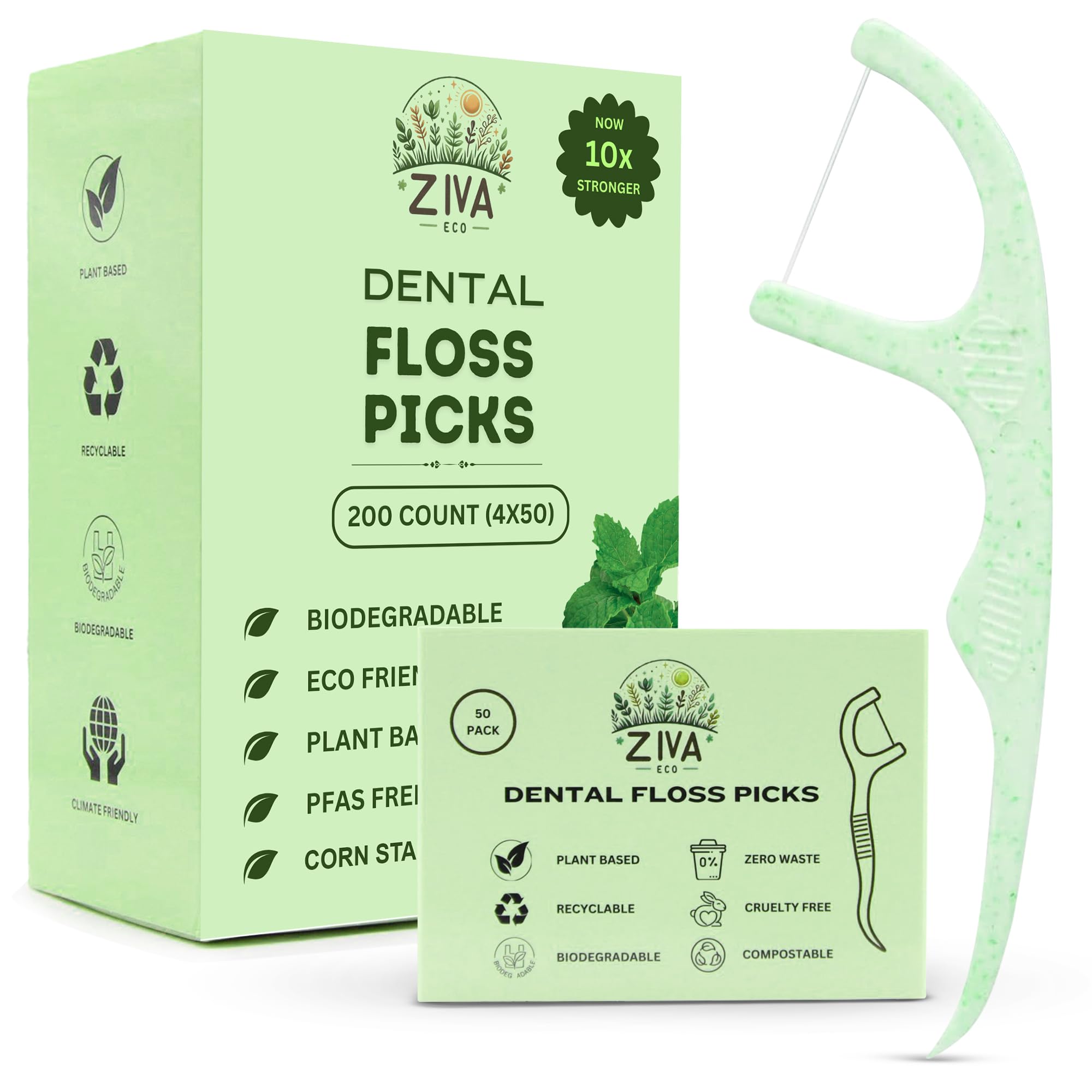 Biodegradable Mint Dental Floss Picks 200 Count 4 Packs of 50 PFAS Free Shred Resistant Mint Thread Unbreakable