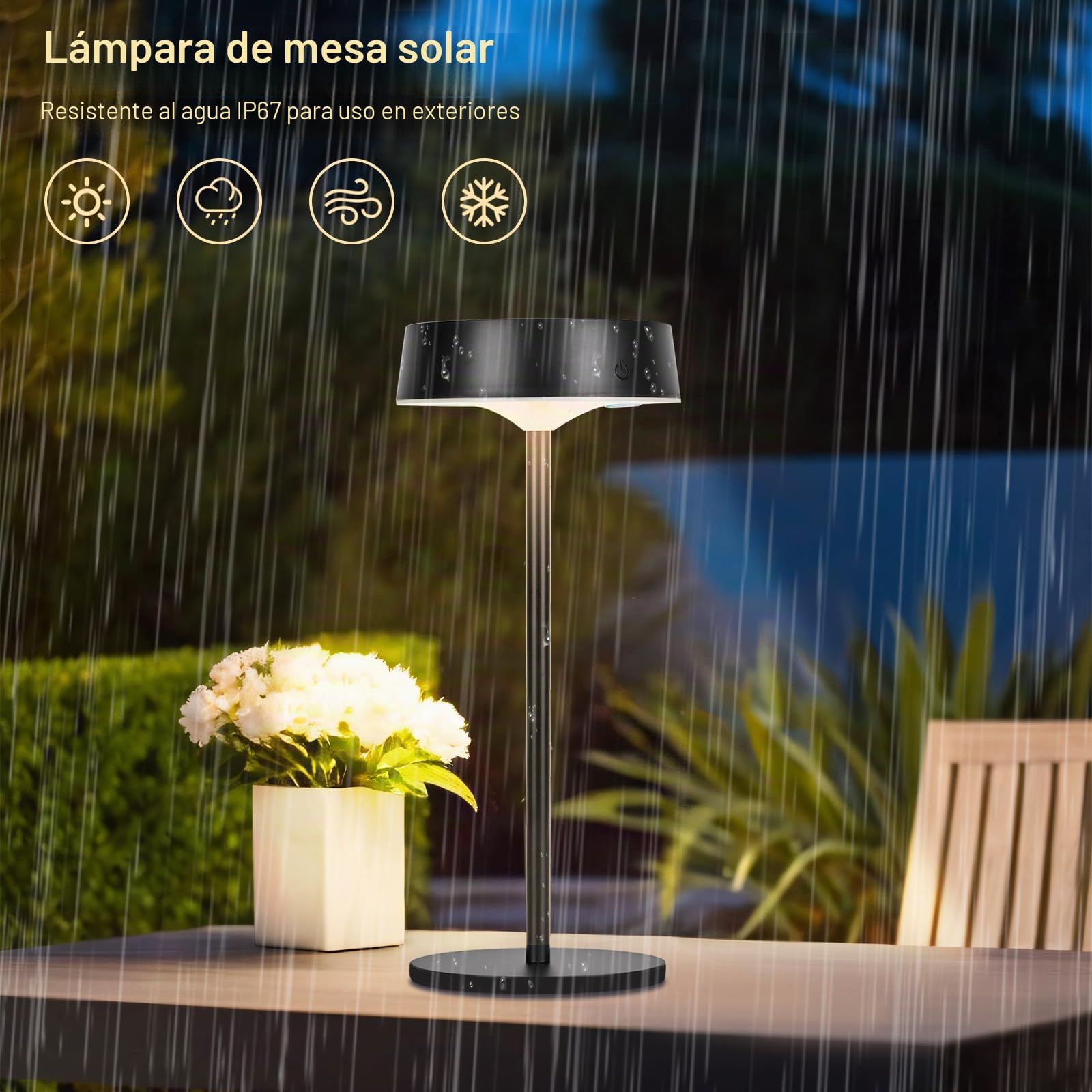 2 Piezas Lámpara Mesita Noche, IP67 Impermeable y Lampara Solar Exterior Mesa, Lampara Mesita Noche sin Cable de 3CCT, lampara con Carga Solar y Usb, para Interior y Exterior