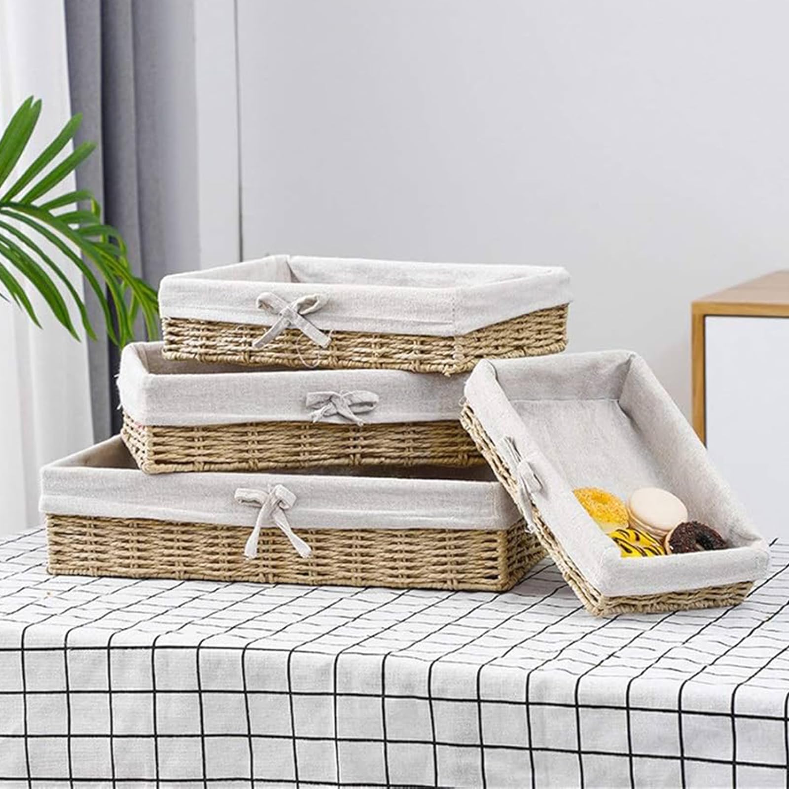 Juego de 4 paneras trenzadas, 25/30/35/40 cm, cesta de pan con inserto de algodón, tejido natural a mano con cesta de pan, cesta para panecillos, cesta de almacenamiento trenzada