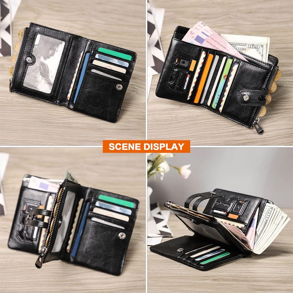CONTACTS Bifold Wallet for Women Leather Card Purse Compatible with AirTag Small Coin Zipper Pocket with RFID Blocking (Black)