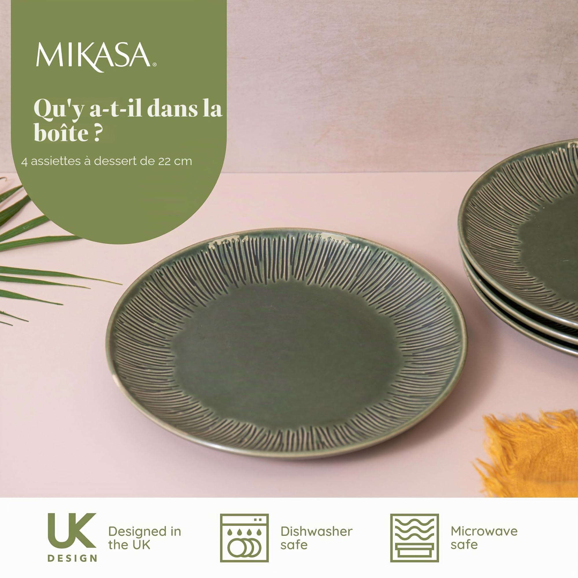Mikasa Jardin Ensemble d'assiettes d'appoint 4 pièces, vert, service pour 4, ensemble de 4 assiettes d'appoint en grès, assiettes rondes de 21,5 cm - Emballage cadeau et lavable au lave-vaisselle