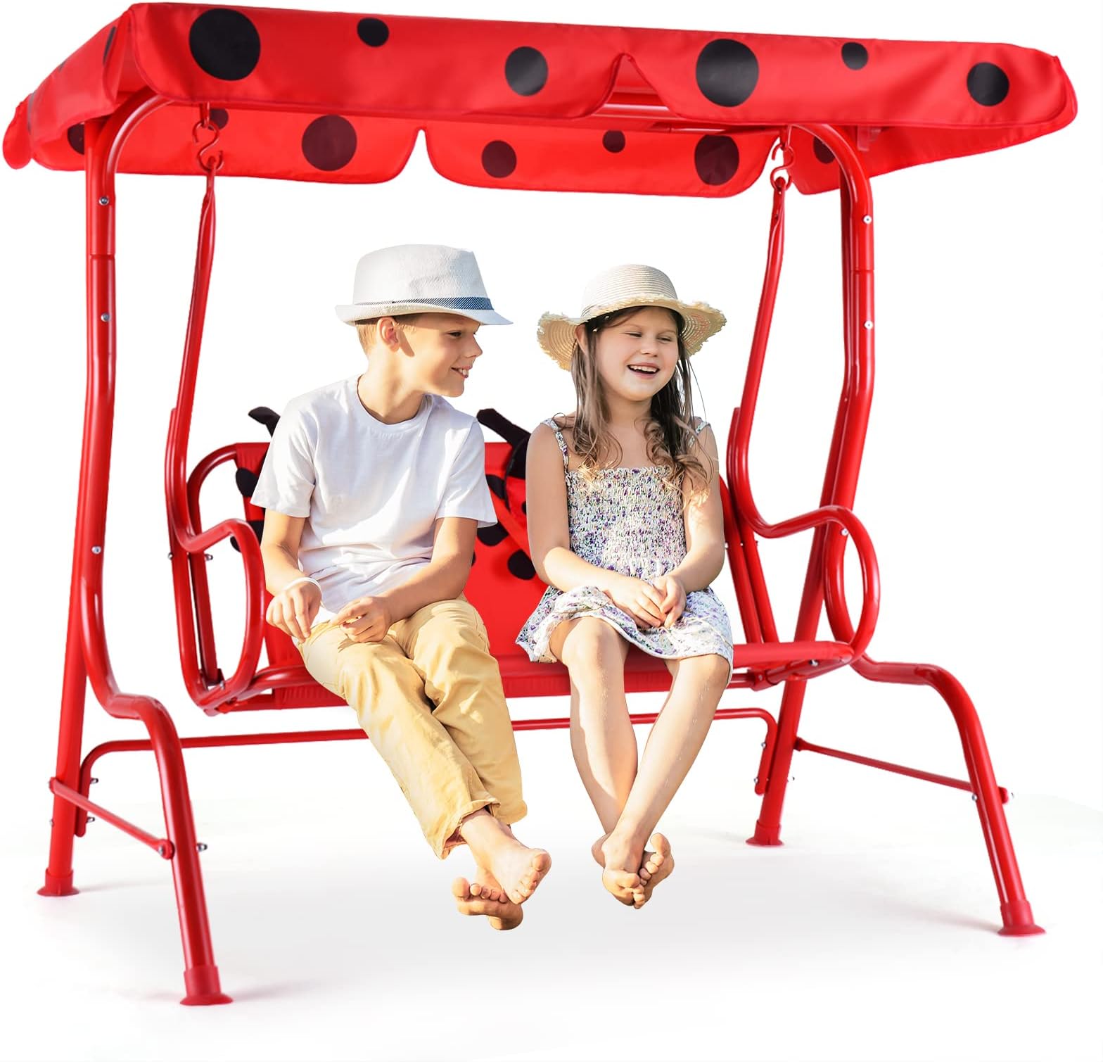 Costzon Kids Porch Swing, All-Weather Patio Swing Bench Hammock w/Adjustable Canopy & Safety Belts for 2 Children, Outdoor Swing for Backyard Garden Balcony Poolside (Red, Ladybug Pattern)