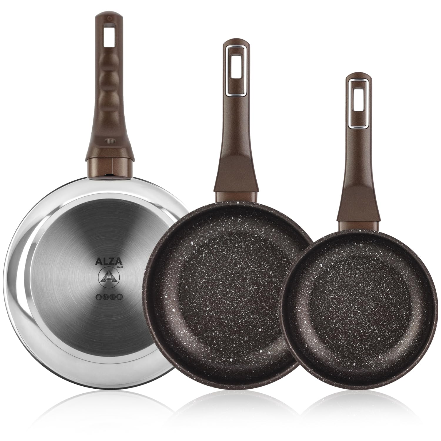 ALZA Petrea - Set de Sartenes Plateadas 20 + 24 + 28cm, Acero Inoxidable, Antiadherente Eterna de 4 Capas, Todas las Cocinas, Inducción y Lavavajillas