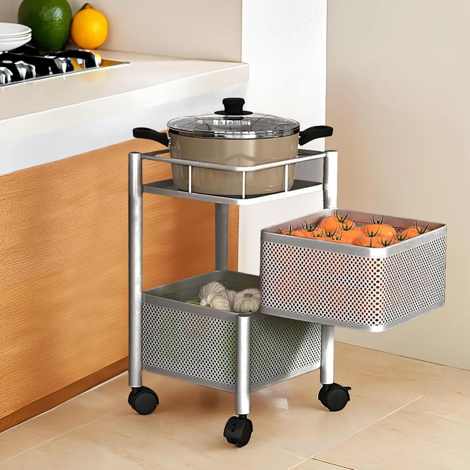 Fun Homes Kitchen Storage Rack | 2-Tier Square Multipurpose Storage Trolley with Wheels | Revolving Vegetable Rack | Metal Fruit Rack | Silver Fun Homes Kitchen Storage Rack | 2-Tier Square Multipurpose Storage Trolley with Wheels | Revolving Vegetable Rack | Metal Fruit Rack | Silver