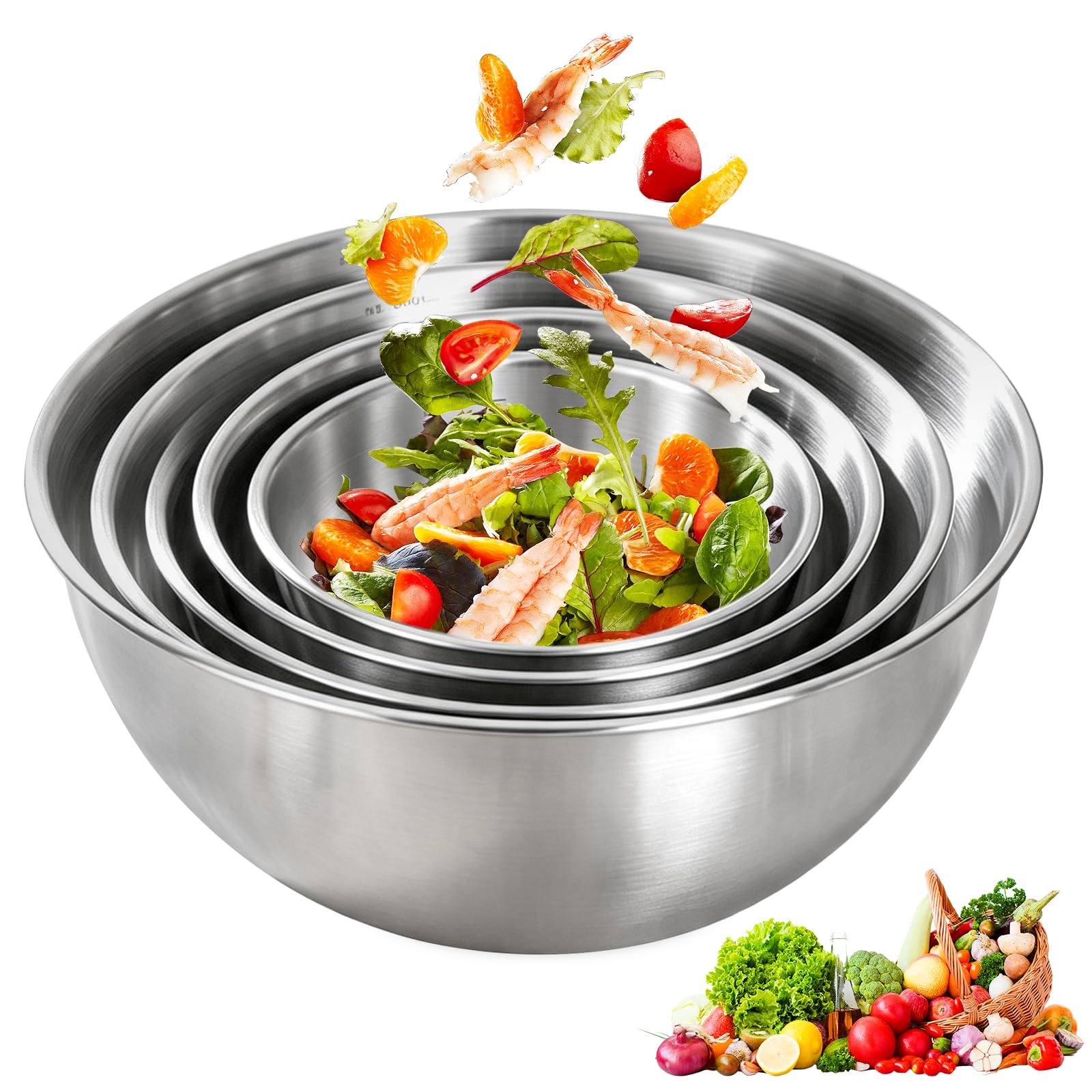 Set di ciotole per mescolare in acciaio inox, 5 pezzi, insalatiere in 5 misure (0,7-4 L), ciotole impilabili in acciaio inox, lavabili in lavastoviglie, per mescolare e servire