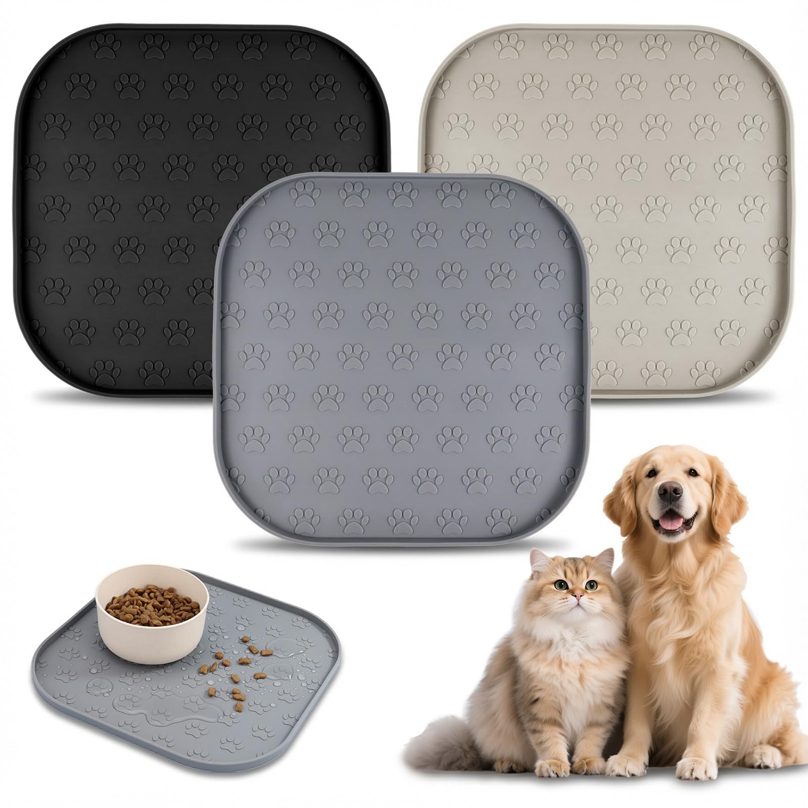 3 Stück Napfunterlage Hund Katzen Silikon 27x27cm, BPA-Freie, Hundenapf Unterlage Katzennapf, Futtermatte Katzen Hund, Silikonmatte mit Rand, rutschfest, Wasserdicht, für Futter und Wassernapf
