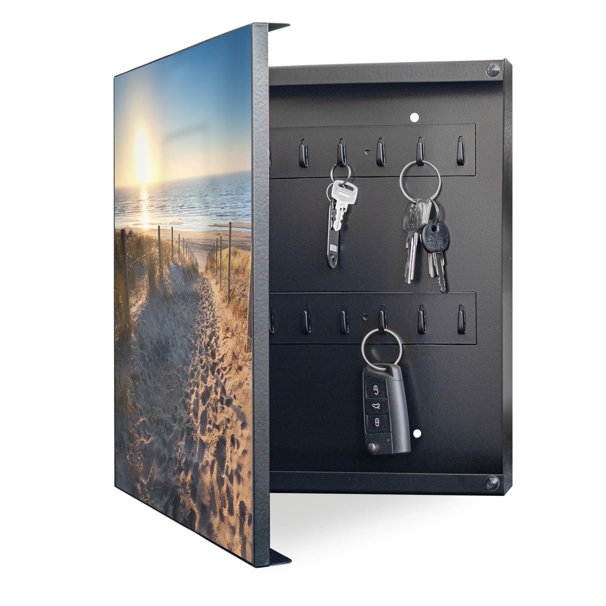 banjado Großer Schlüsselkasten Metall - Schlüsselbox 30x30cm beschreibbarer mit 32 Haken - Schlüsselkasten modern für Schlüsselaufbewahrung - Korpus Schwarz Scharnier Links - Motiv Nordseestrand