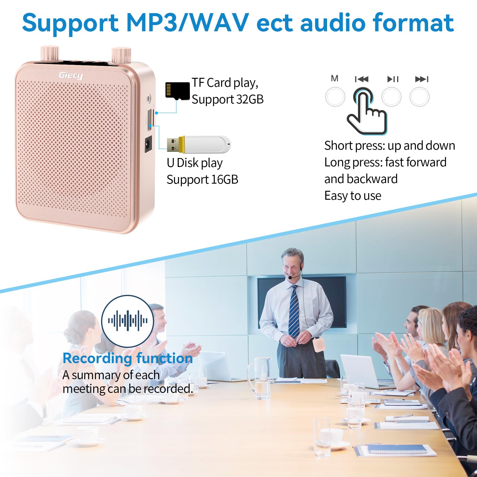 Amplificatore vocale portatile da 30 W con microfono cablato auricolare, altoparlante con sistema PA ricaricabile da 2800 mAh, microfono personale, amplificatori di potenza vocale, altoparlante per