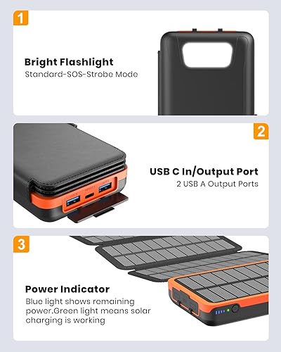 Miniatura 7 de Hiluckey Cargador solar de 27000 mAh - Cargador de teléfono portátil de carga rápida de 22.5 W con 4 paneles solares, batería externa USB C PD con 3