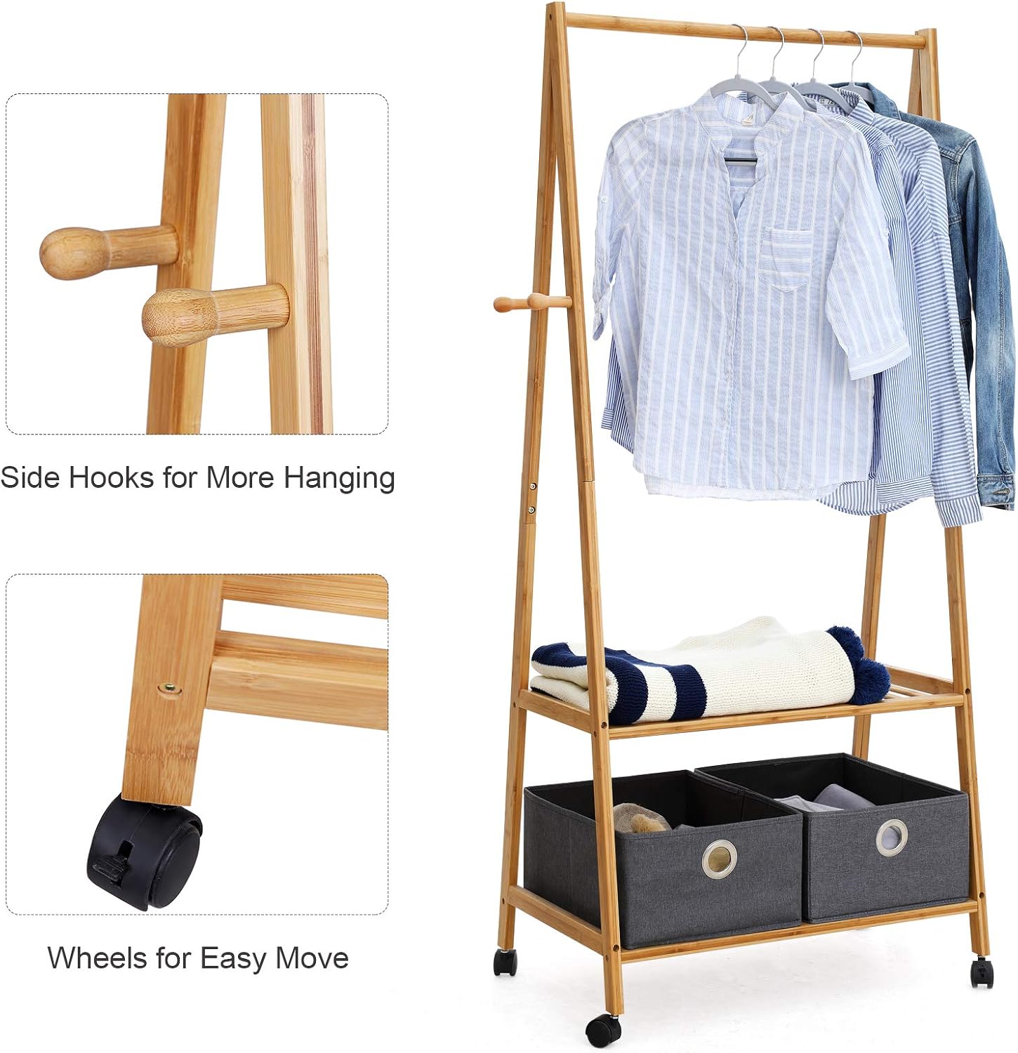 SONGMICS Clothes Rack on Wheels, Rolling Garment Rack with 2-Tier Storage Shelves, Hall Tree with 4 Coat Hooks for Shoes, Clothing, Bamboo URCR52N