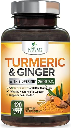 Suplemento de curcumina de cúrcuma de 2600 mg con jengibre orgánico y cúrcuma, extracto de pimienta negra BioPerine 95% curcuminoides - Absorción