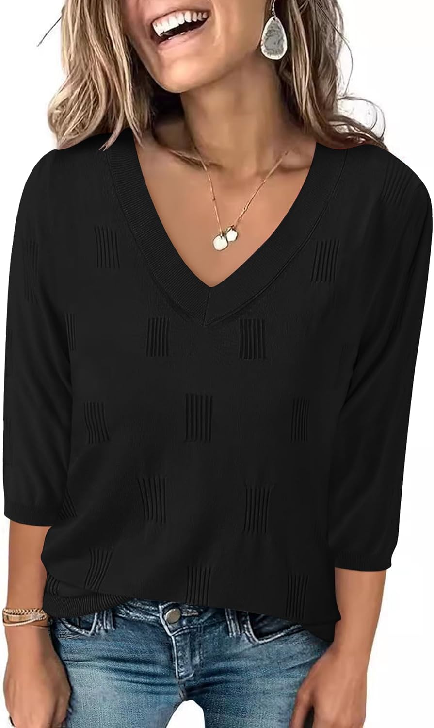 Womens 3/4 Length Sleeve Lightweight V Neck Pullover Sweaters Fall Winter Business Casual Sweaters Tops Shirts