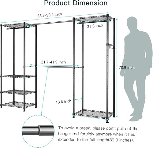 Miniatura 2 de BATHWA Organizador de armario ajustable y resistente, estante de metal expandible con 4 varillas para colgar, 6 estantes y 4 perchas, sistema de