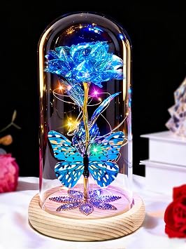 Beferr Birthday Gifts for Women Galaxy Glass Rose Forever Preserved Flowers for Delivery Light Up Rose in Glass Dome Mothers Day Butterfly Gifts for Mom Wife Grandma Her Daughter Girlfriend