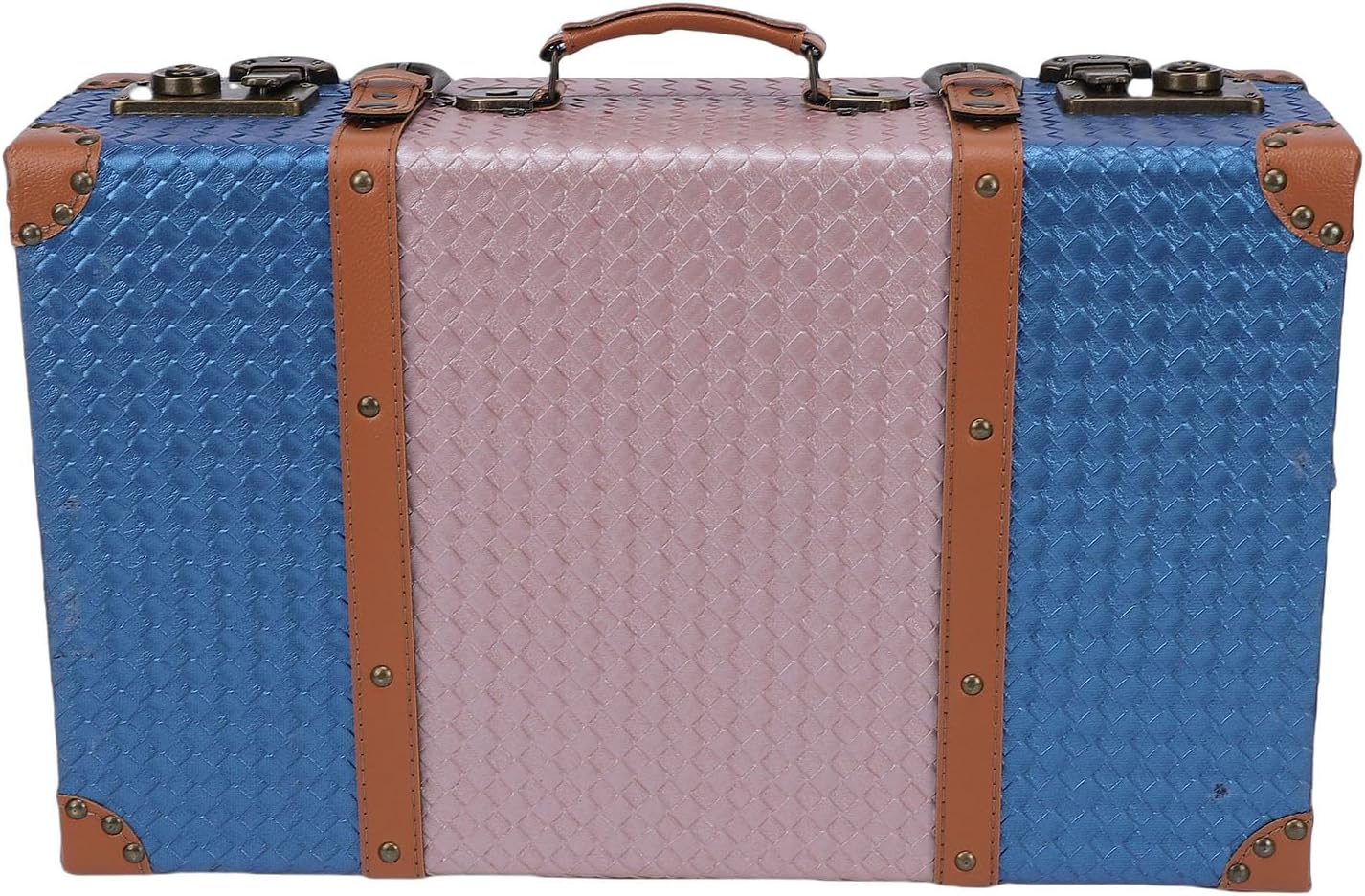 Decorative Trunk, Blue Roseate Woven Pattern PU Leather Composite Wood Suitcase Chest, Display Photography Prop for Home Storage, Window Decoration (L)