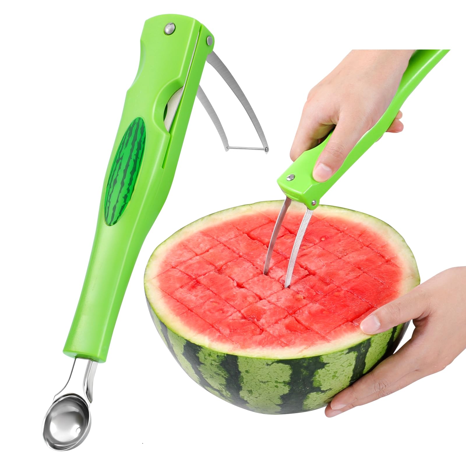 Premium Watermelon Cutter - 3 in 1 Watermelon Cutter Slicer Tool - Foldable Watermelon Slicer - Fruit Cutter for Kitchen Gadgets - Stainless Steel Watermelon Knife - Melon Baller Scoop