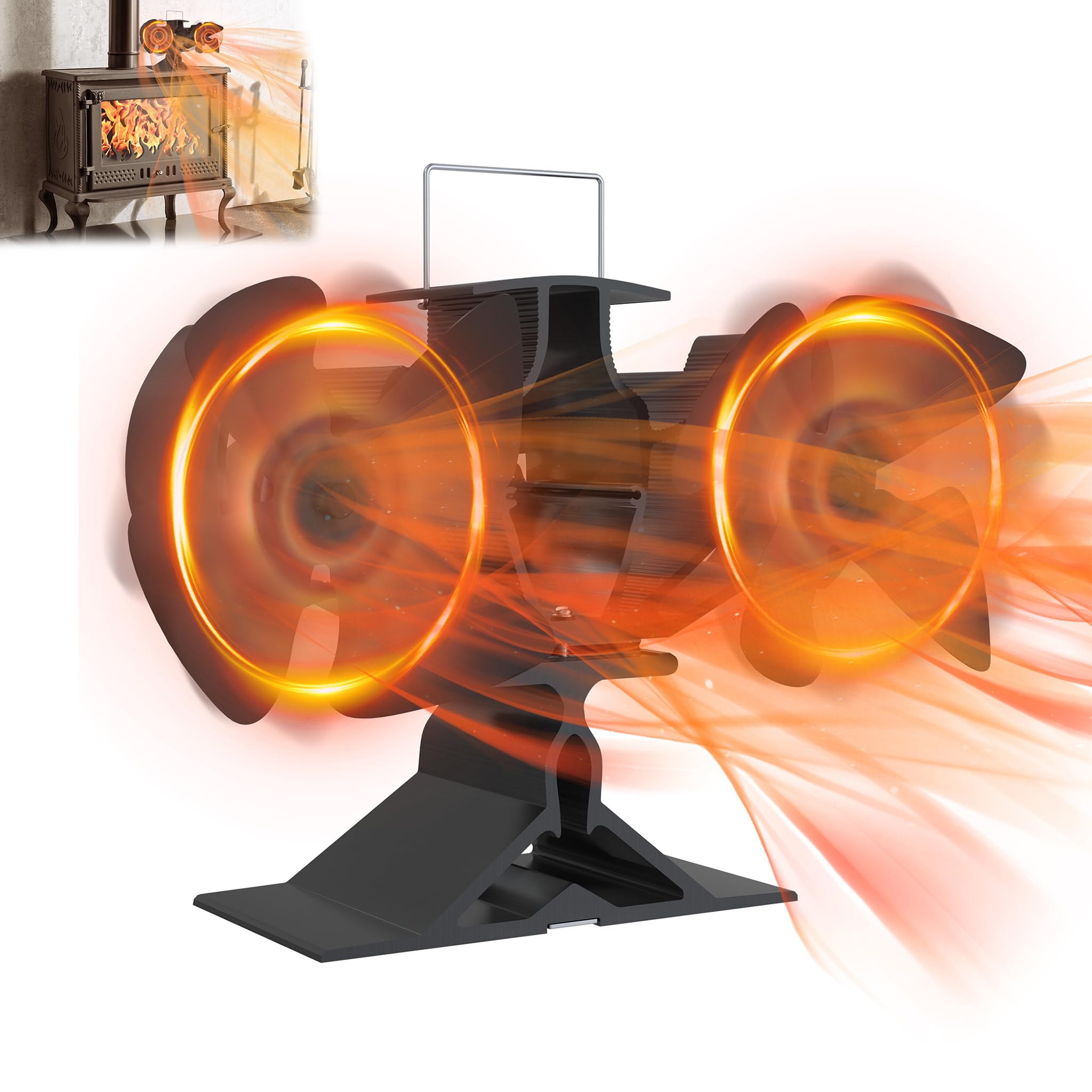 YRHome Ventilador de estufa de 10 hojas con diseños de doble cabeza, ventilador de chimenea, ventilador sin electricidad, doble ventilador de estufa de leña, estufa de leña, estufa de leña