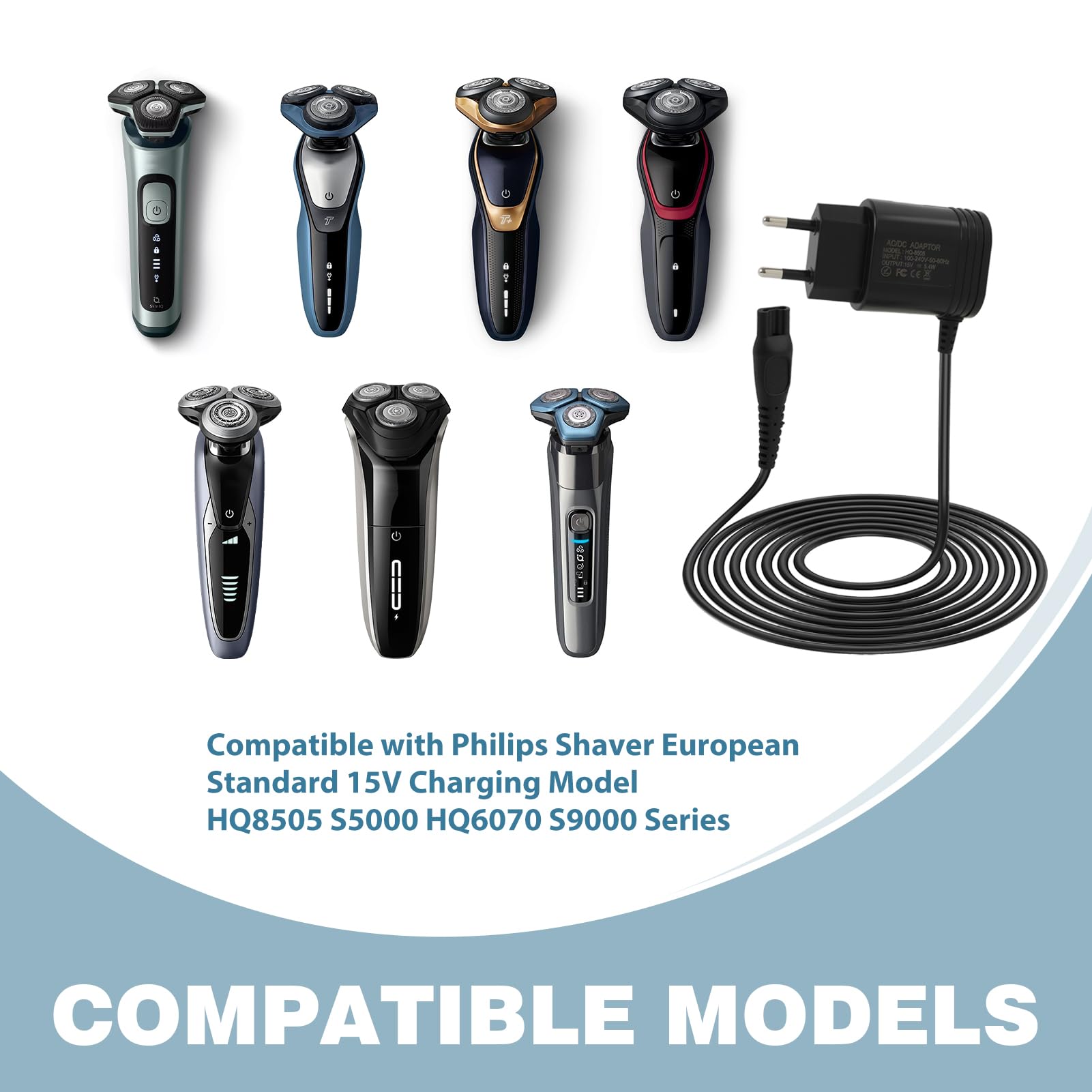 Adattatore per rasoio 15 V, alimentatore di ricambio con connettore USB, compatibile con Philips Series 3000 5000 7000 9000, QP6510 QP6520 MG7745 MG7730 MG7720, RQ HQ AT PT QC QG BT