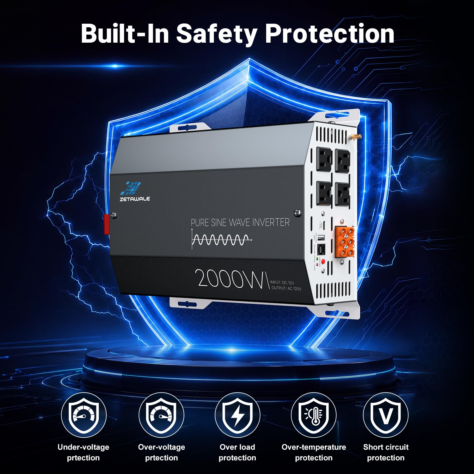 2000W 12V DC 110V 120V AC 4 wyjścia AC, USB Type-C, zdalne sterowanie LCD do ciężarówki, RV