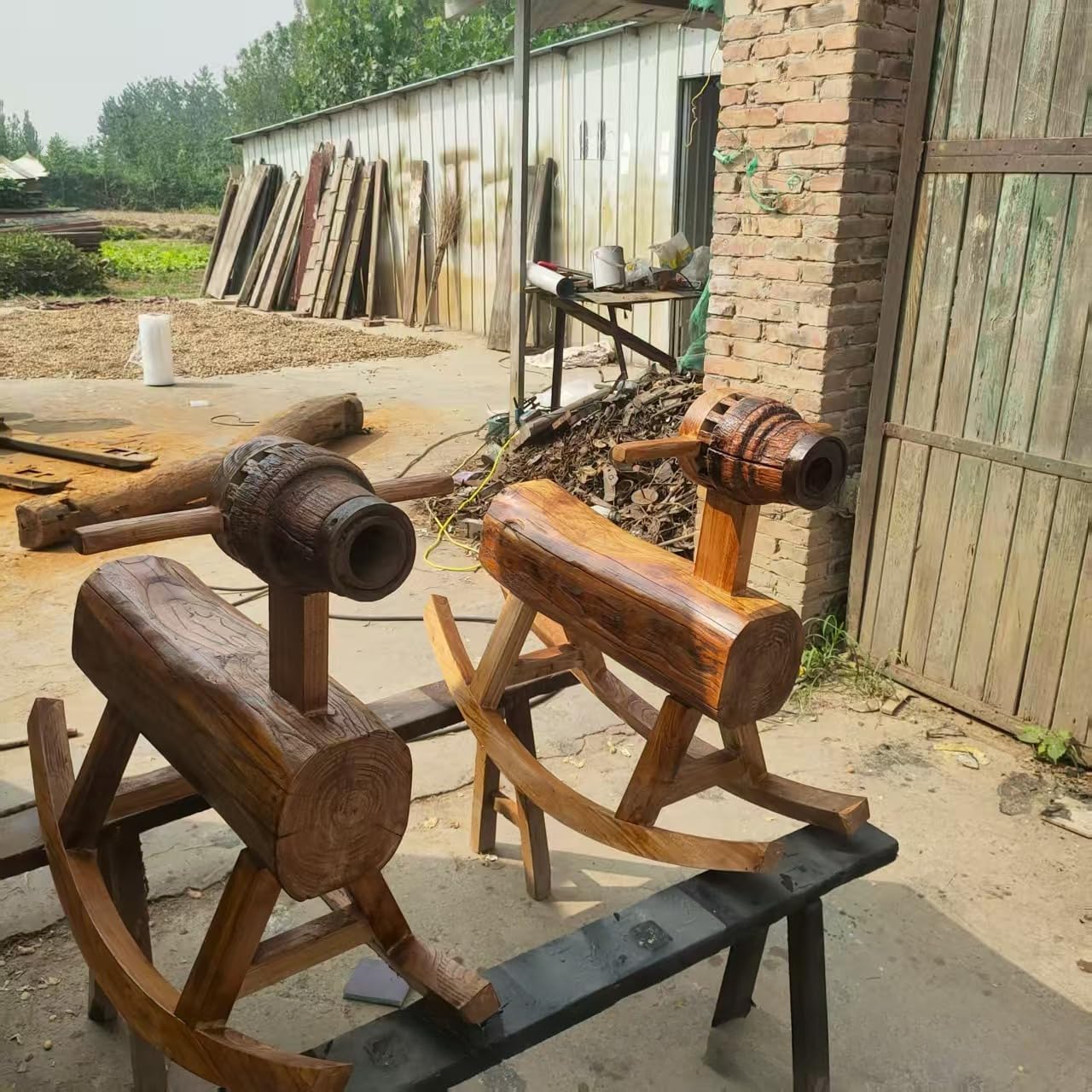 Solid Wood Rocking Horse Chair, Vintage Rustic Rocker, Chinese Style Courtyard Balcony Stool, Old Elm Wood Horse Bench for Homestay