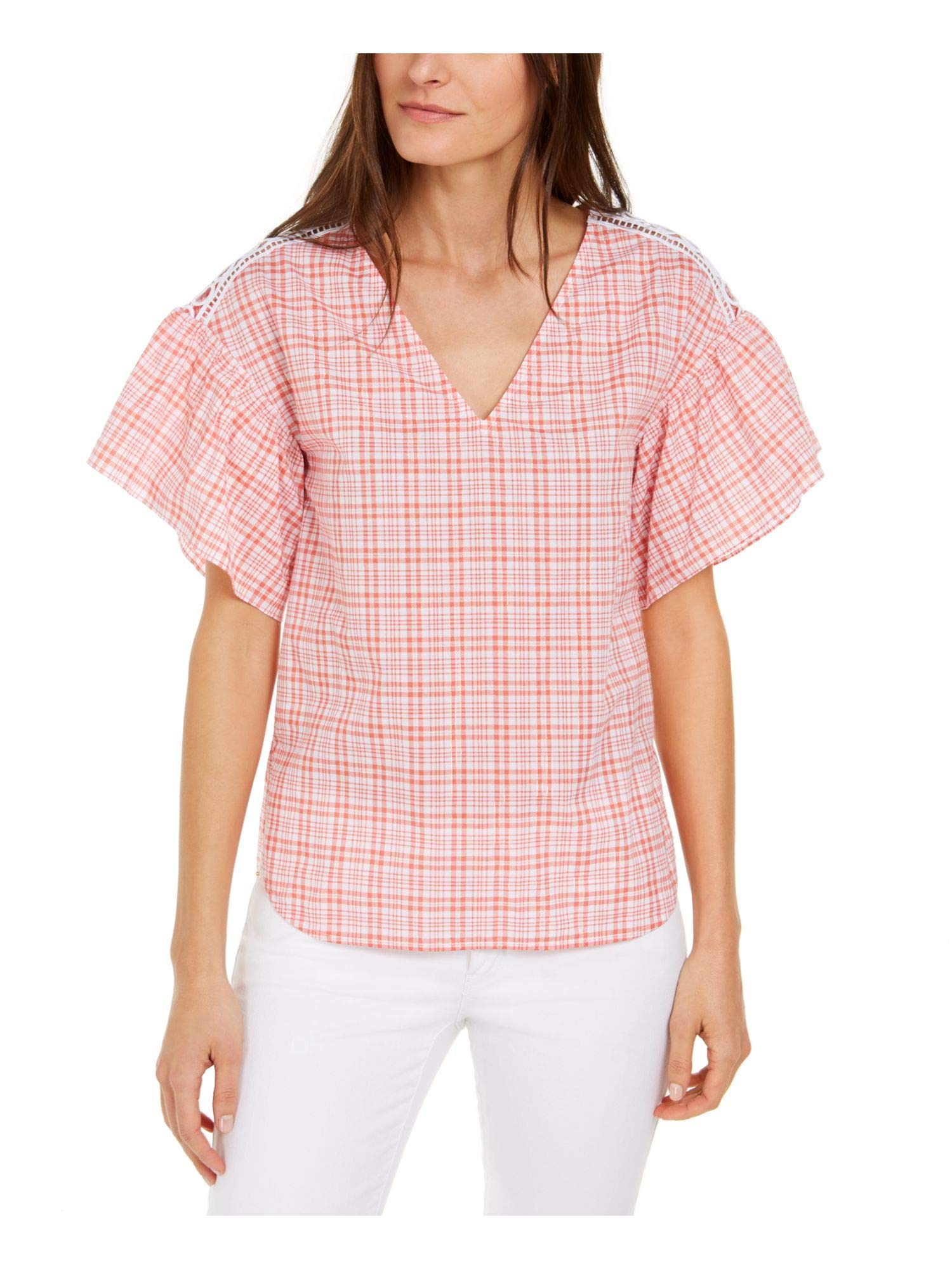 Michael KorsMichael Michael Kors Women's Plaid Crochet Shoulder Blouse Coral Peach