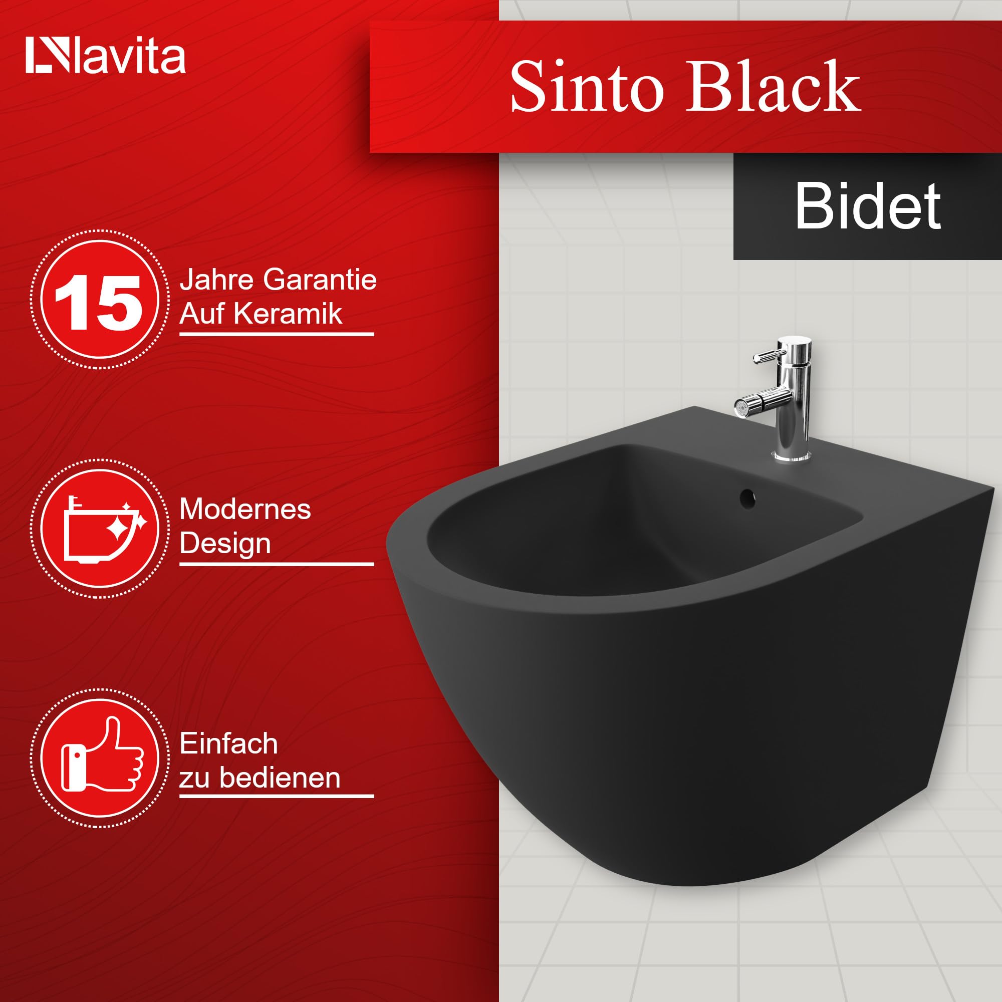 LAVITA Bidé universal de pared con orificio para grifo y protección contra desbordamiento de cerámica, 35,5 x 51 x 34 cm, lavabo para montaje en pared, color negro