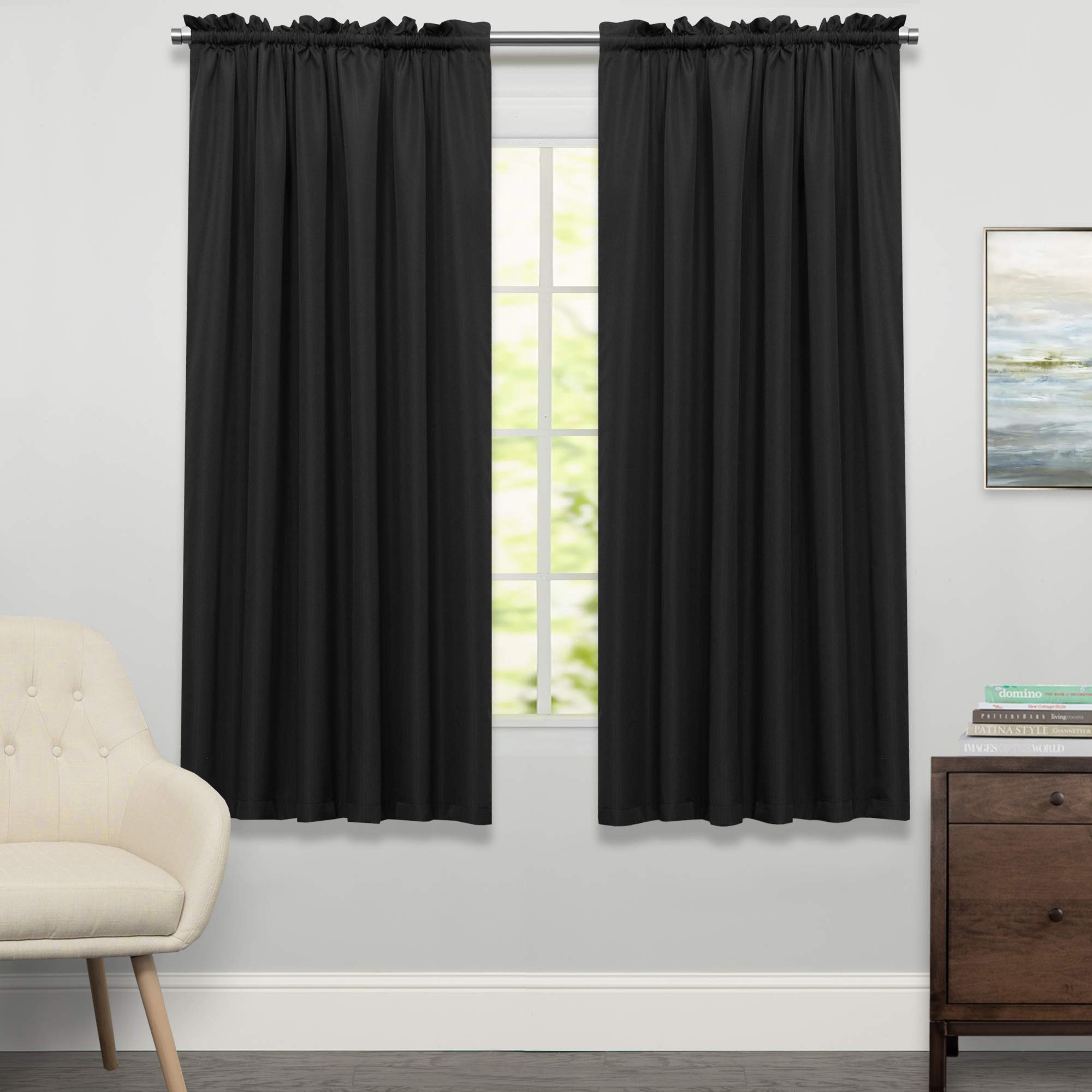 Sweet Home Collection Kitchen Curtains for Windows 40+ Styles &amp; Colors Swag, Valance, Tier Sets &amp; Panels Cafe Curtains for Farmhouse, Rustic, Modern Décor, Ribcord Black, 63" Panel