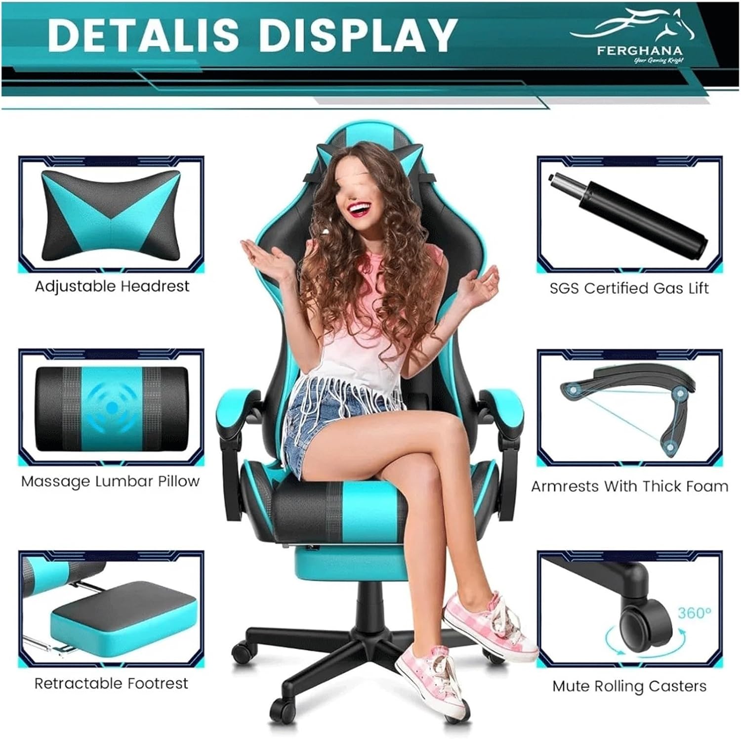 Gaming Chairs, Ergonomic Racing PC Game Computer Chair with Headrest Lumbar Support Adjustable Recliner
