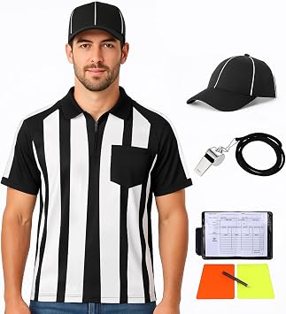 6 Pcs Mens Official Referee Costume Set Zipper Collar Shirt Hat Whistle Yellow Red Penalty Flag for Football Soccer