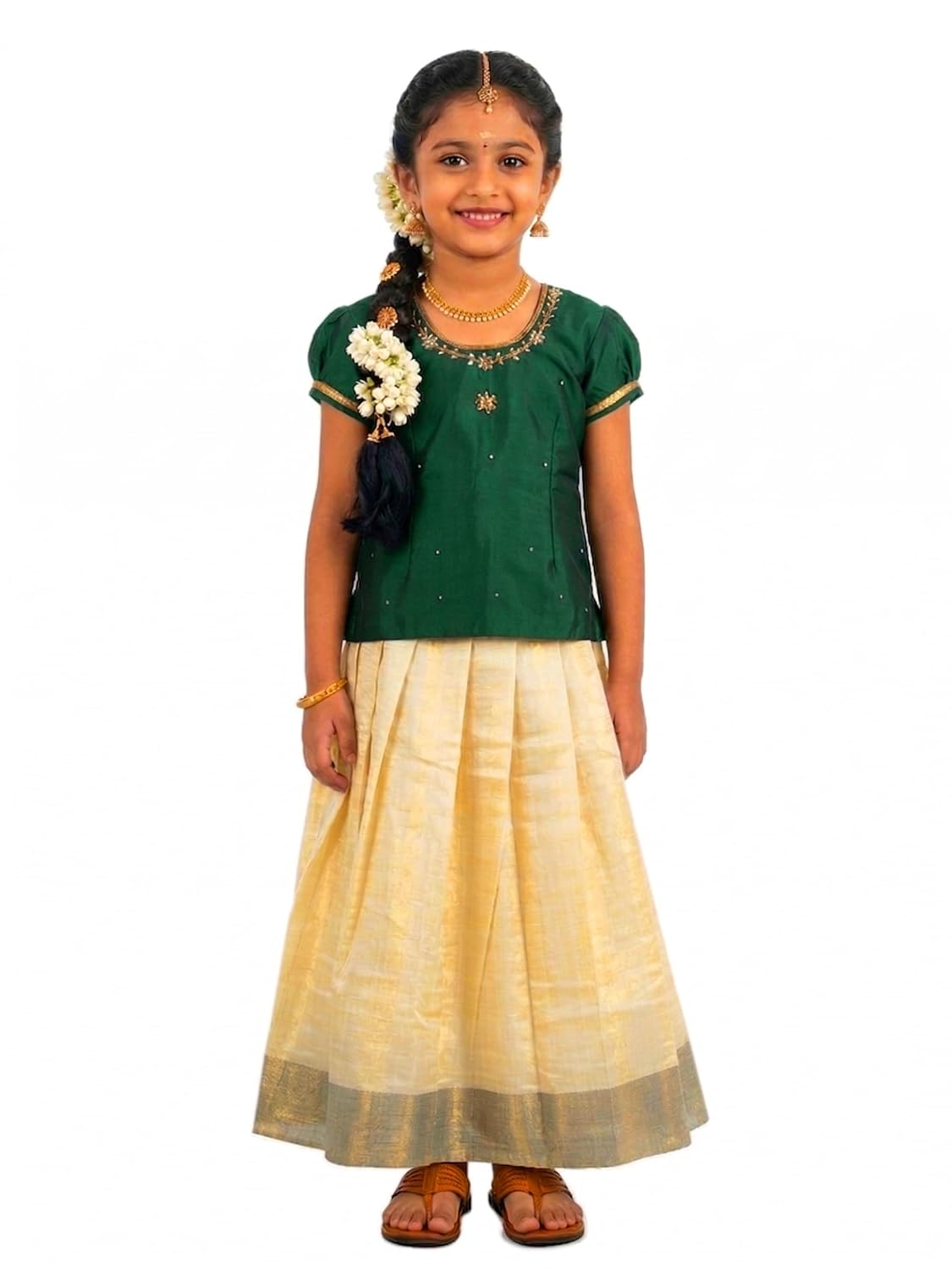 YETTALAN® Girls Readymade Traditional Tissue Pavadai Sattai Silk Lehenga Choli | Kerala Traditional Vishu, Onam Festival Wear