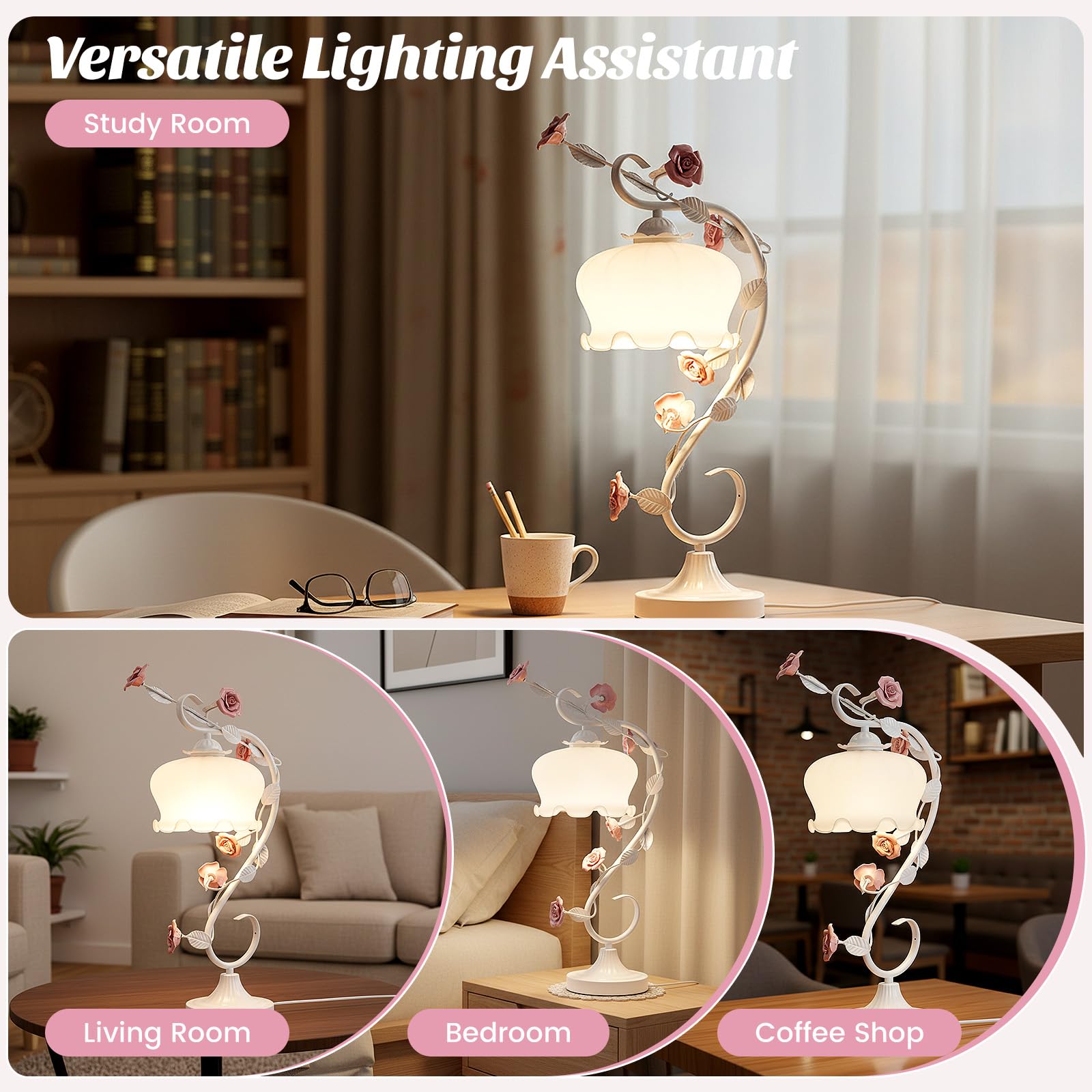 Lampada da tavolo con fiori vintage, lampada da comodino rosa, lampada da comodino per camera da letto, studio, soggiorno, camera da letto, caffetteria
