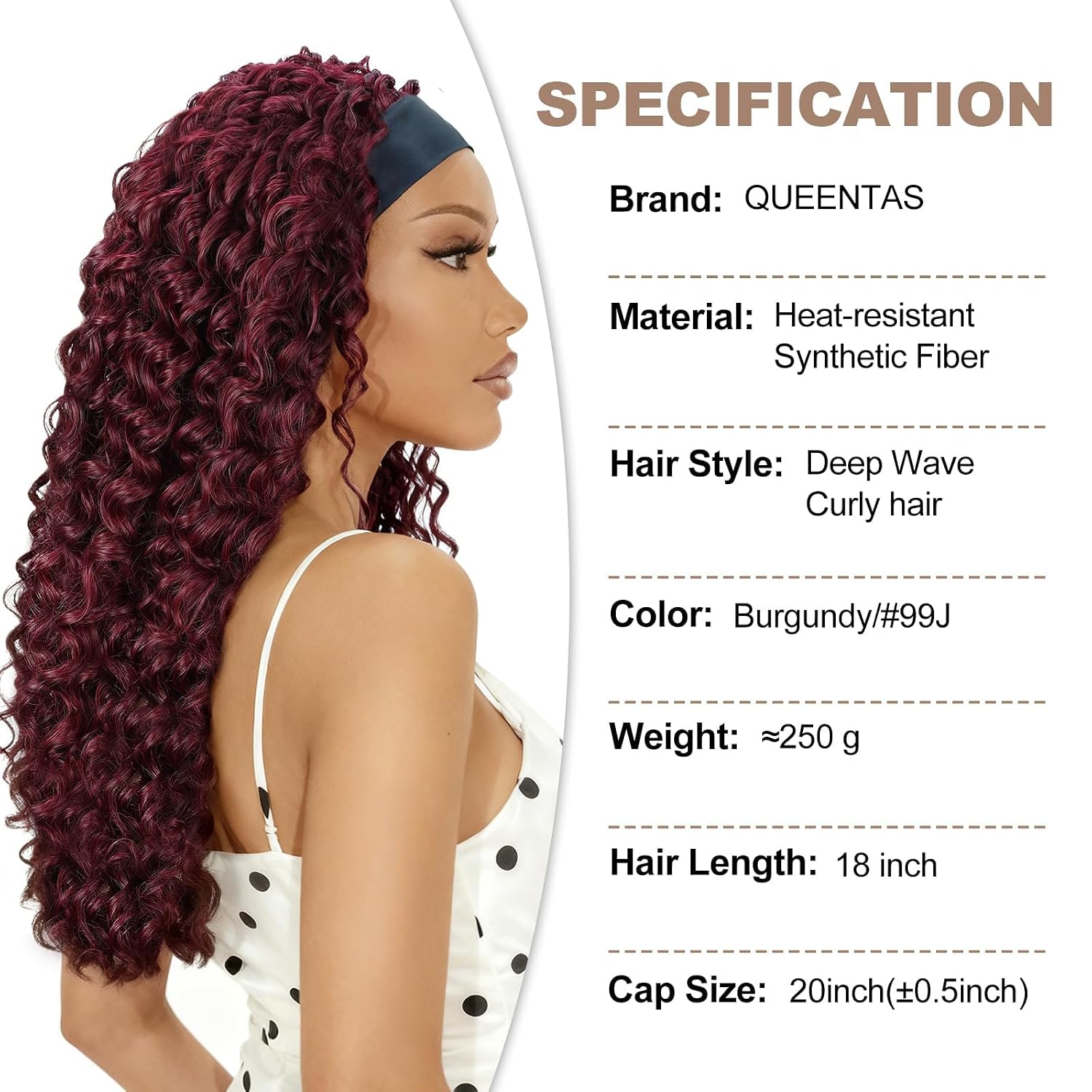 QUEENTAS 18 Inch Deep Wave Curly Headband Wig, #99J Red Wine Burgundy Hair for Black Women, Glueless Wear and Go Beginner-Friendly Synthetic Bob Wig for Daily Use