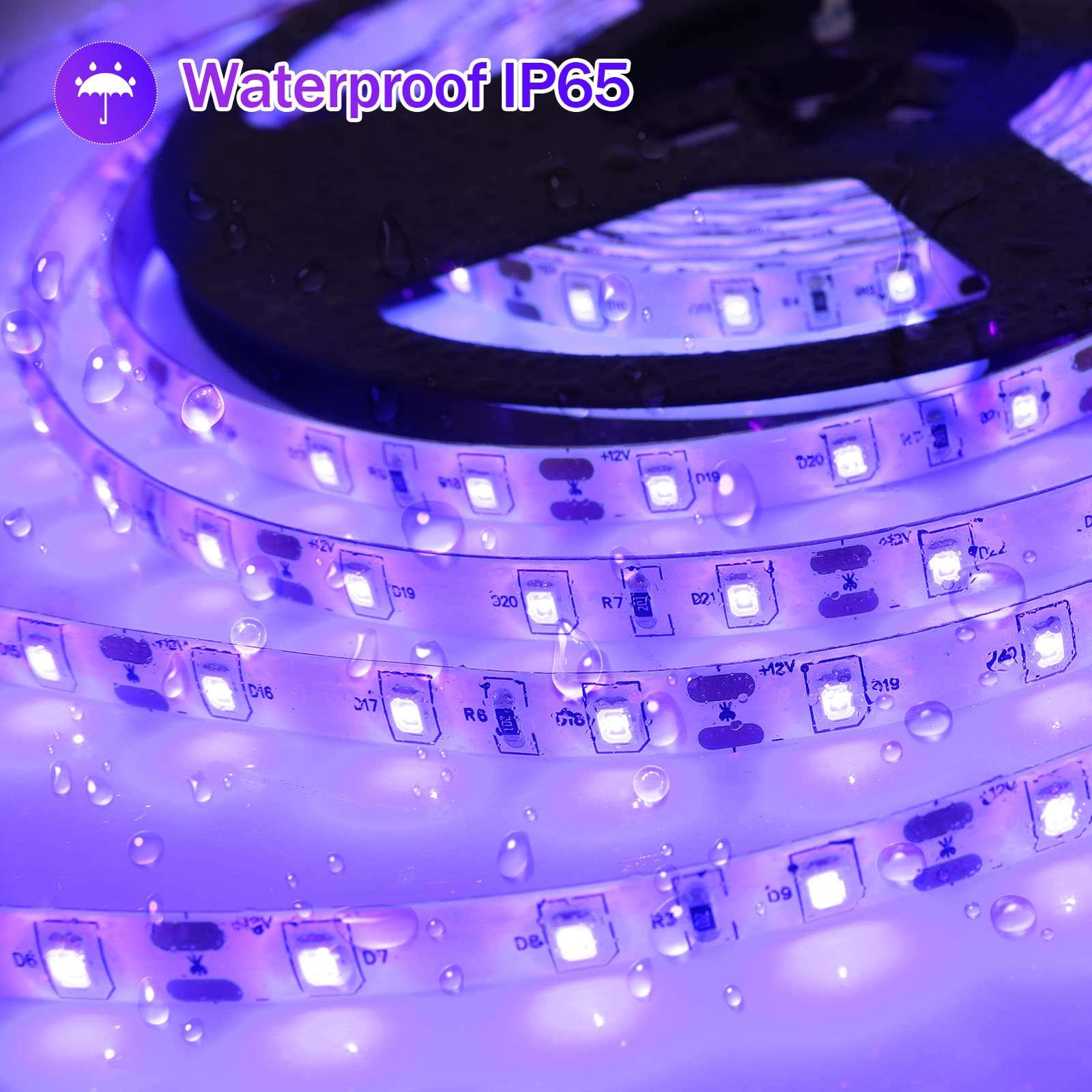 SHGPODA Waterproof 33FT/10M LED Black Light Strip kit, IP65 Blacklight Strip with 600 LED, 12V, 385-400nm, Flexible Blacklights for Glow in The Dark Birthday Wedding Party Night, Halloween, Christmas