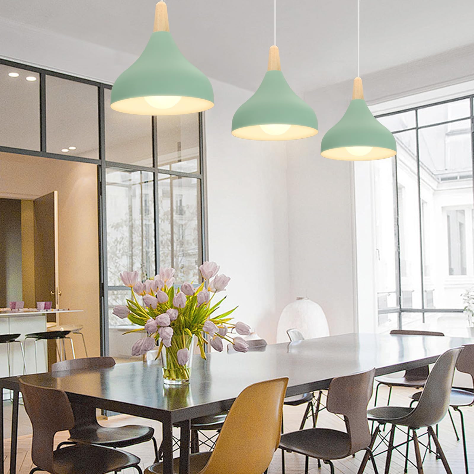 Lampadario A Sospensione retrò A 3 Luci, Stile Moderno E27, Plafoniera in Metallo E Legno per Camera da Letto, Cucina E Arredamento Casa (Giallo Chiaro, Rotondo, 20 Cm) Green Rectangle