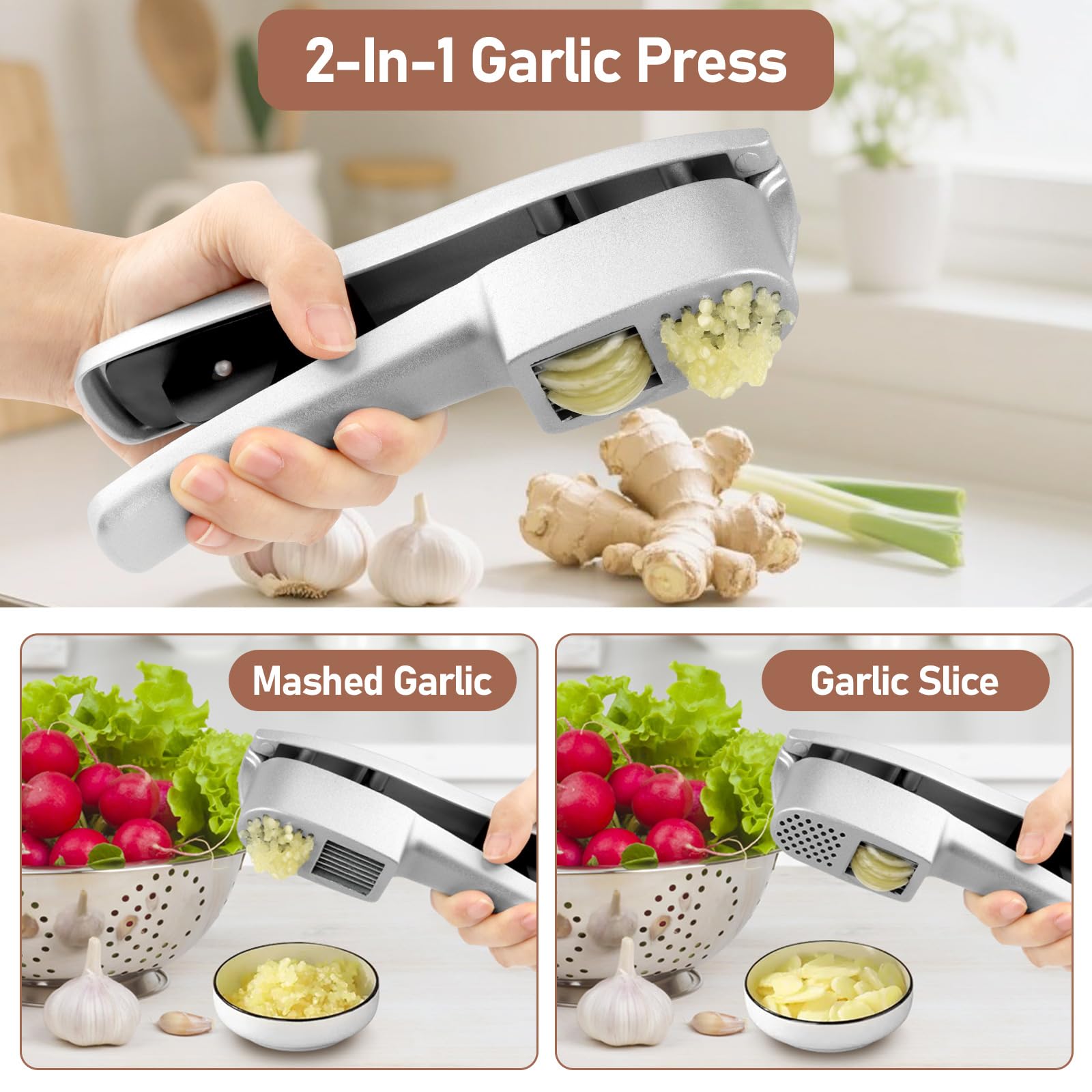 VFANDV Prensa de Ajo Profesional para Cocina, Prensa Ajos Acero Inoxidable, Picadora y Cortadora de Ajos 2 en 1, Superfácil de Usar y Limpiar, Prensa de Ajos Apta para Lavavajillas