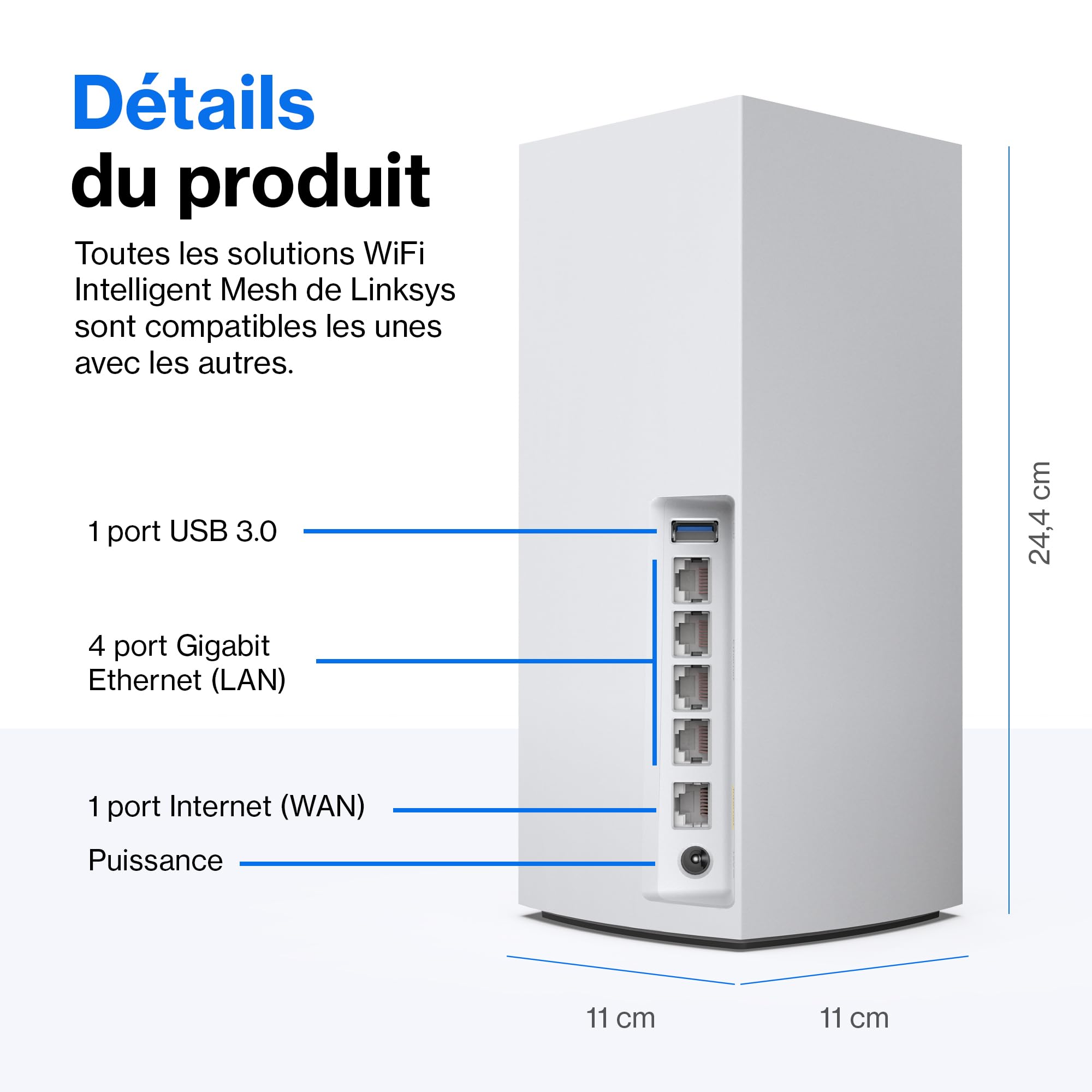 Linksys Système WiFi 6 Mesh triple bande Velop MX5300 (AX5300) (routeur WLAN, jusqu'à 260 m2, couverture MU-MIMO pour plus de 50 appareils, pack de 1, blanc)