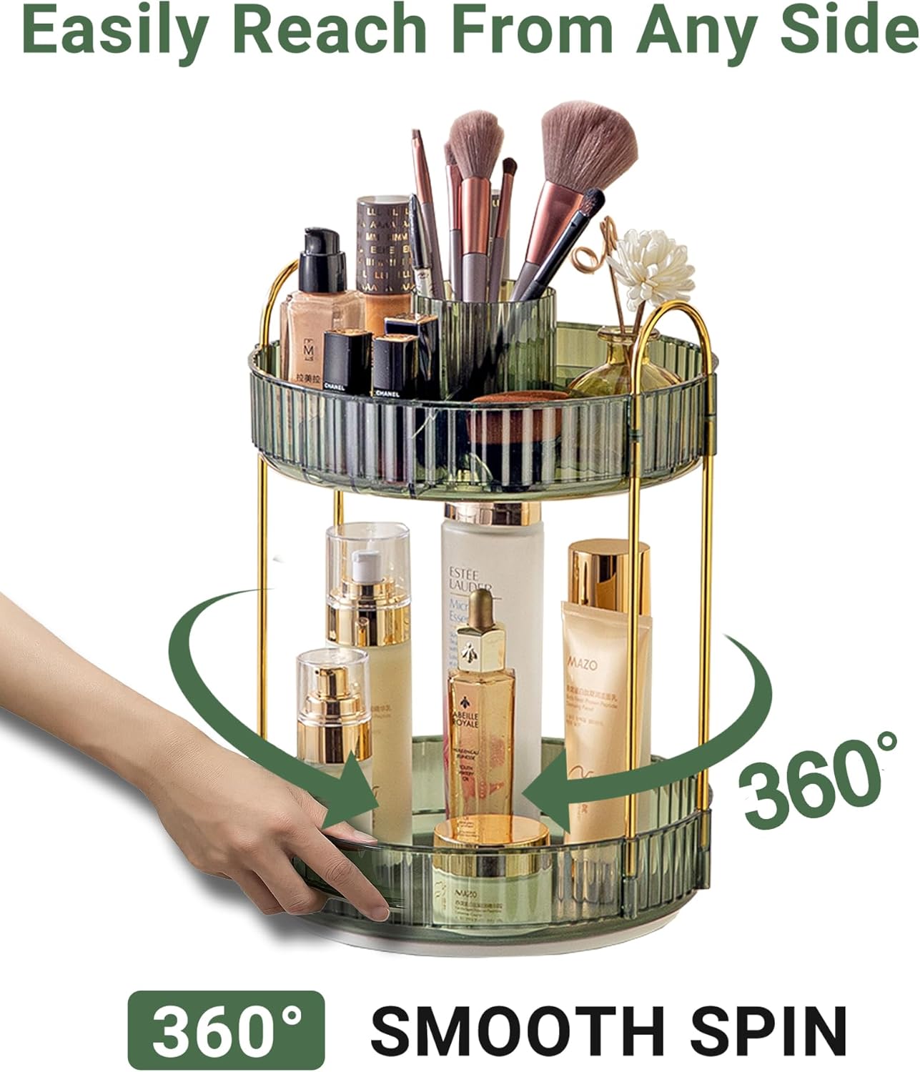 360 Rotating Makeup Organizer,2 Tier Large Capacity Make Up Organizers and Storage,Skincare Perfume Vanity Organizers,Bathroom Cosmetics Storage Organizer Countertop (Green) - Image 3