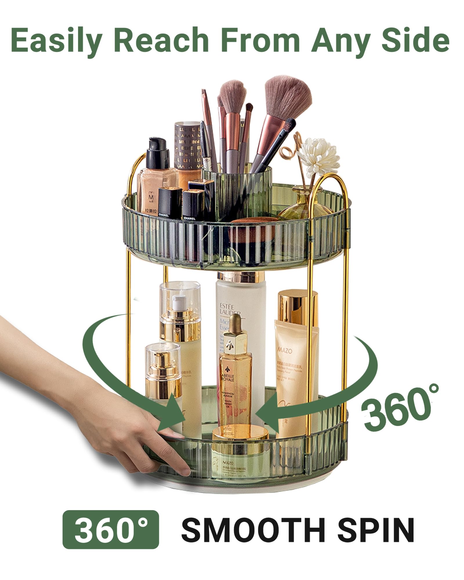 Asayuee Organizador de maquillaje giratorio de 360 grados, organizadores y almacenamiento de maquillaje de gran capacidad de 2 niveles, organizadores de tocador de perfume para el cuidado de la piel,