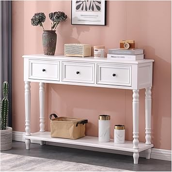 Rustic 2-Tier Console Sofa Table Mid-Century Wood Entryway Stand with Drawers Narrow Storage Shelf for Living Room Entrance Hallway FoyerWhite,116 * 30 * 85cm