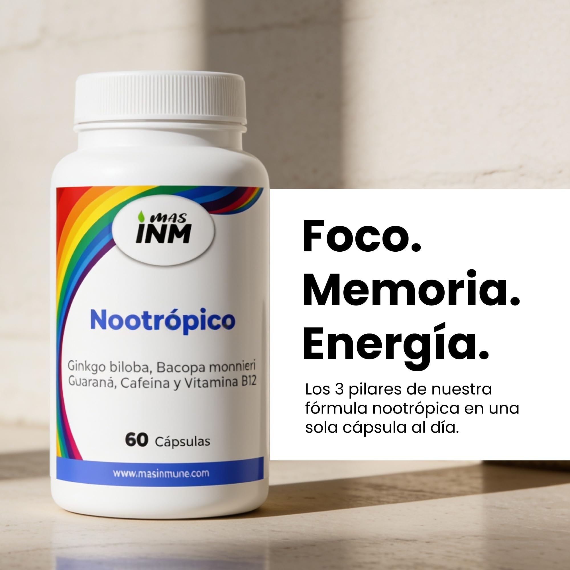 Nootrópico Natural con Ginkgo Biloba y Bacopa Monnieri – 60 Cápsulas – con Guaraná, Cafeína y Vitamina B12 – Pastillas Memoria y Concentración, Apoya el Sistema Nervioso - Sin aditivos