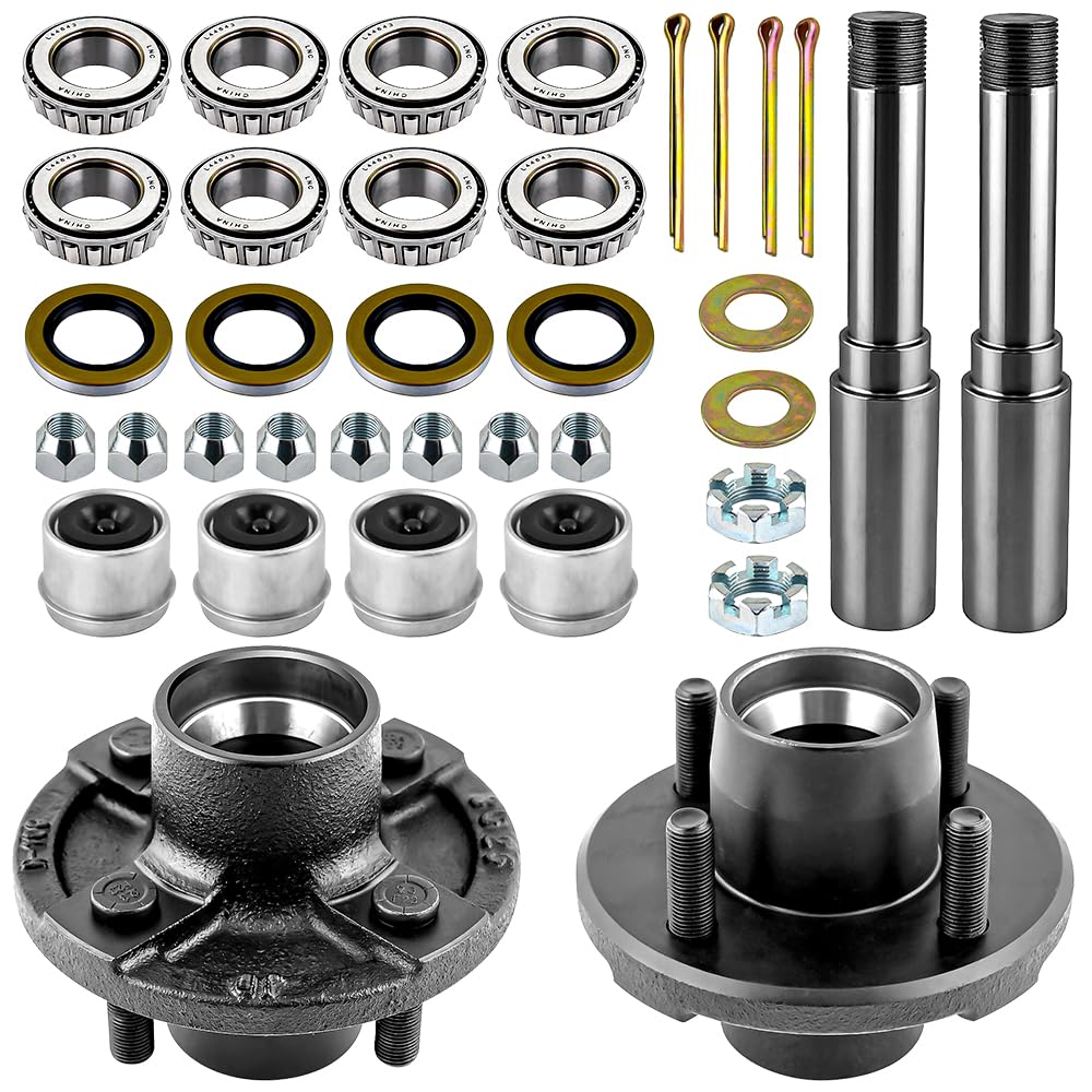 Trailer Idler Hub Kit 2000 lbs with 4 on 4" Trailer Hub & Round BT8 Spindle,1" and 1"-1/16" Trailer Axle Kits 4 Lug Include L44643 Bearings Kit,2 Sets