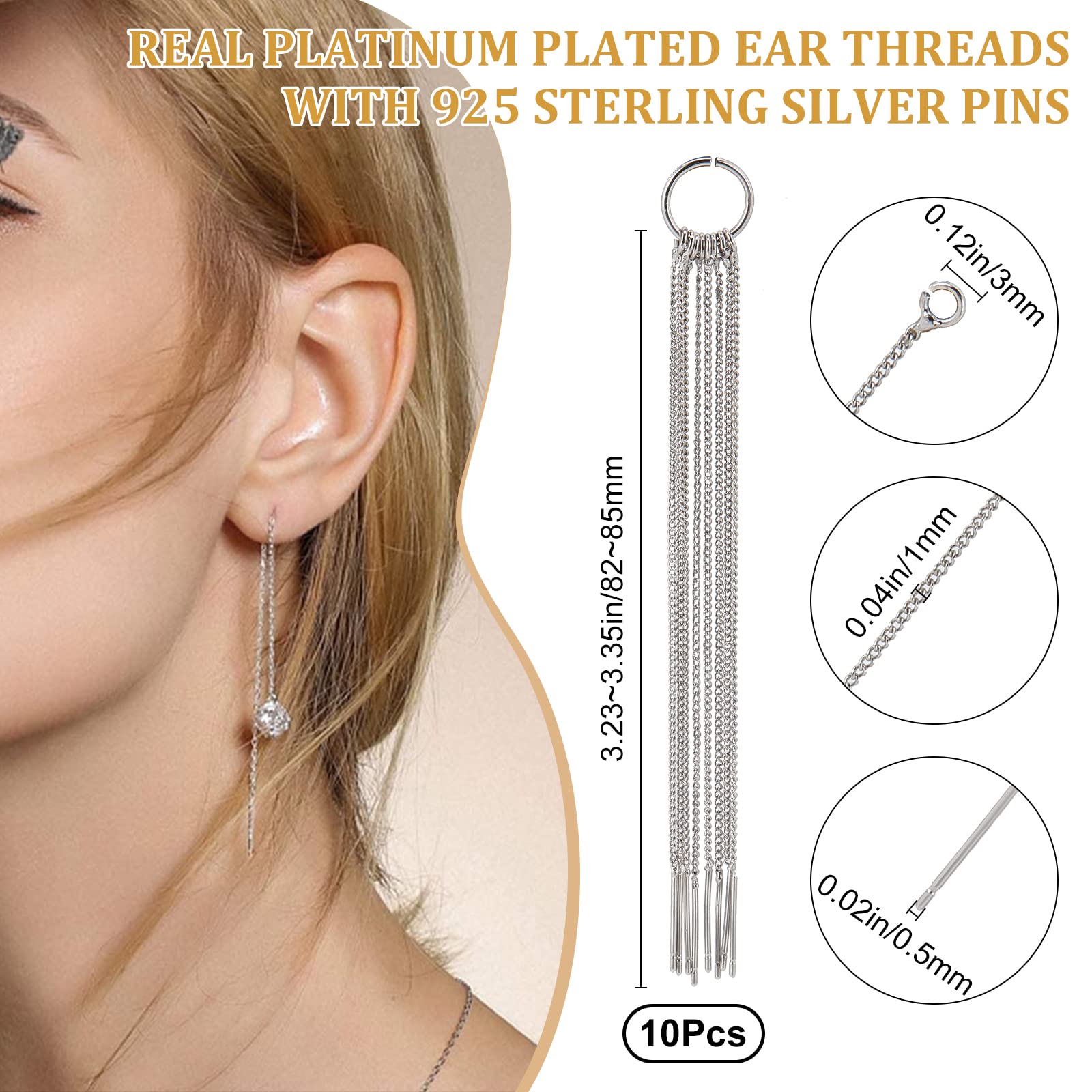 12 Fils D'Oreilles Threader 2 Couleurs Plaqué Or 18K & Platine - 925 Argent Sterling, 8.5cm Pour Bijoux DIY Hypoallergéniques